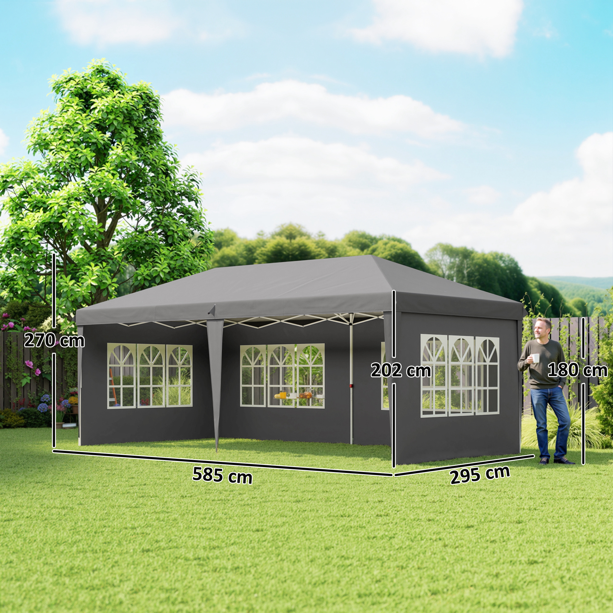 Pavillon ca. 3x6m Wasserdicht Pop-up Faltpavillon mit 4 Seitenwänden, Fenster UV-Schutz Tragetasche Grau