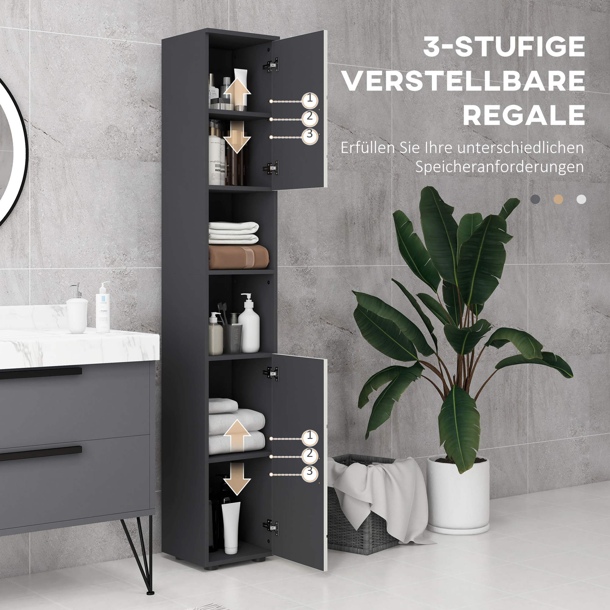 Badezimmerschrank, Badschrank, verstellbare Regale, Spanplatte, Hellgrau
