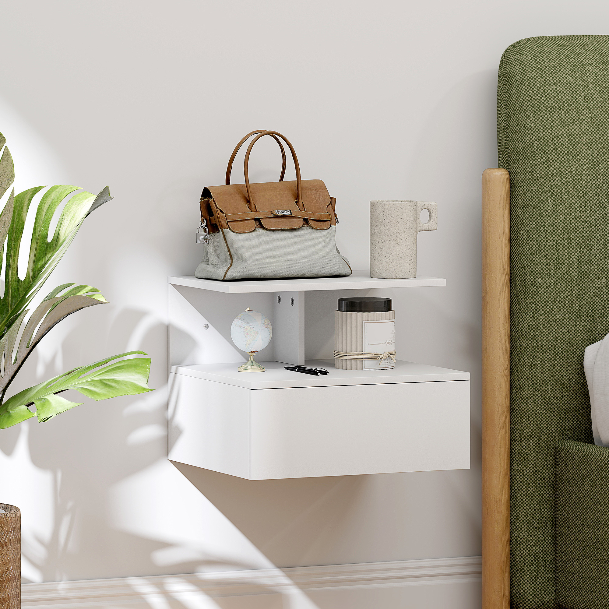 Nachttisch hängend Beistelltisch mit Schublade, offenes Fach Weiß, 39,8 x 35 x 31,6 cm