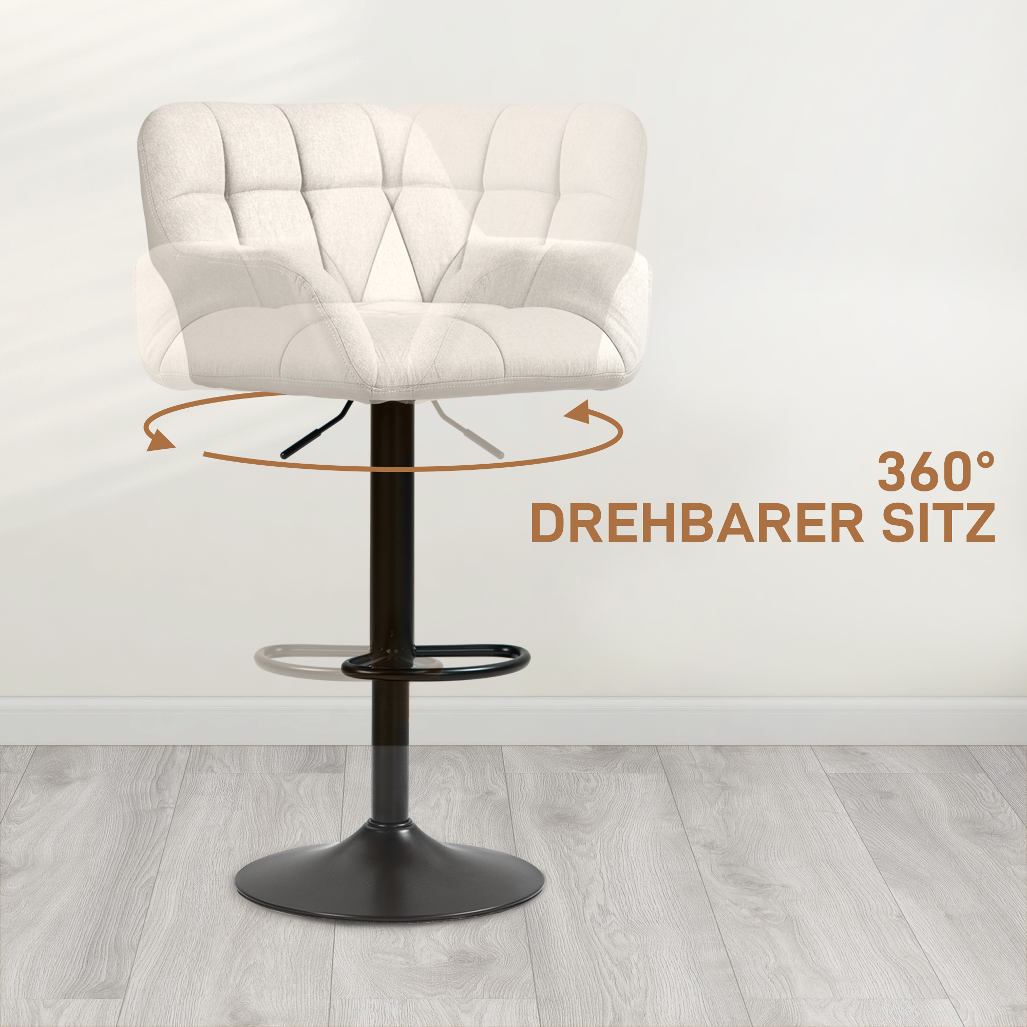 Barhocker 2er-Set Retro-Design höhenverstellbar Kunstleder Leinenoptik Creme + Schwarz