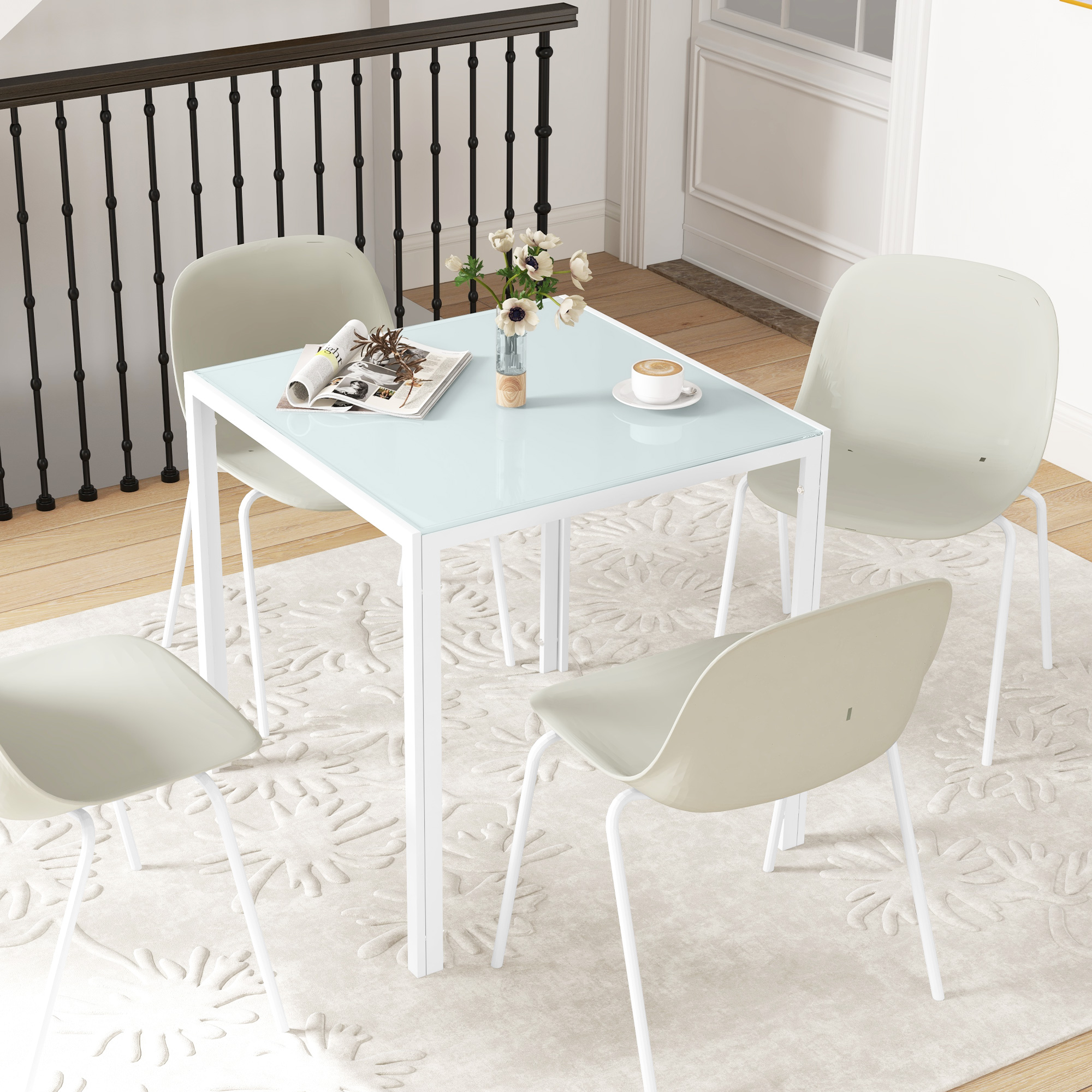 Quadratischer Esstisch für 4 Personen, Tischplatte aus Hartglas, für Küche und Esszimmer, 75 x 75 x 75 cm, Weiß
