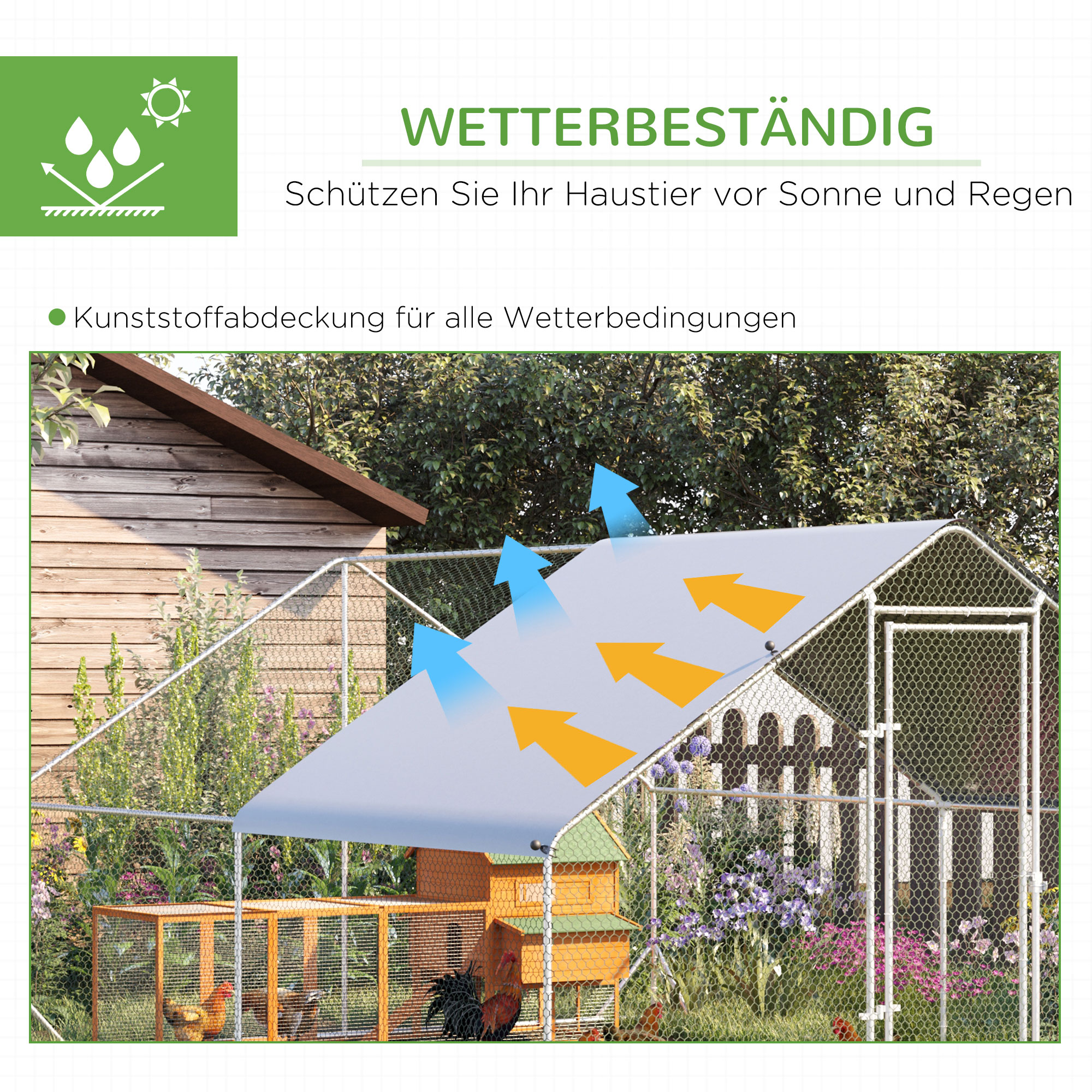 Hühnerstall, Freilaufgehege, Geflügelstall mit Schattendach, Freigehege für 4-6 Hühner, Enten Kaninchen, 3 x 2 x 2 m