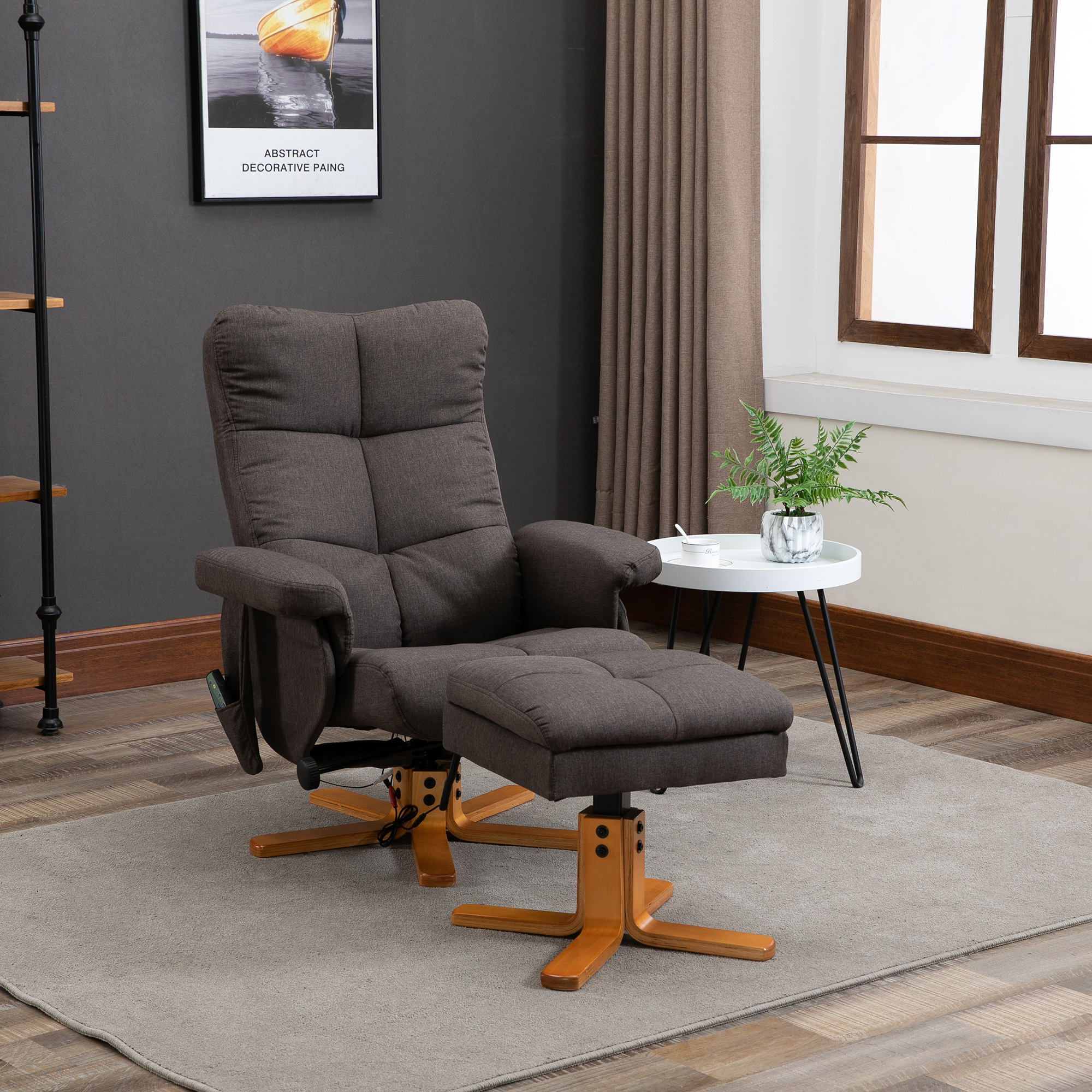 Relaxsessel mit Fußhocker, Stauraum, Elektrischer Massagesessel mit Liegefunktion, Drehbarer Fernsehsessel mit Seitentasche, Fernbedienung, Holzrahmen, Polyester, Braun