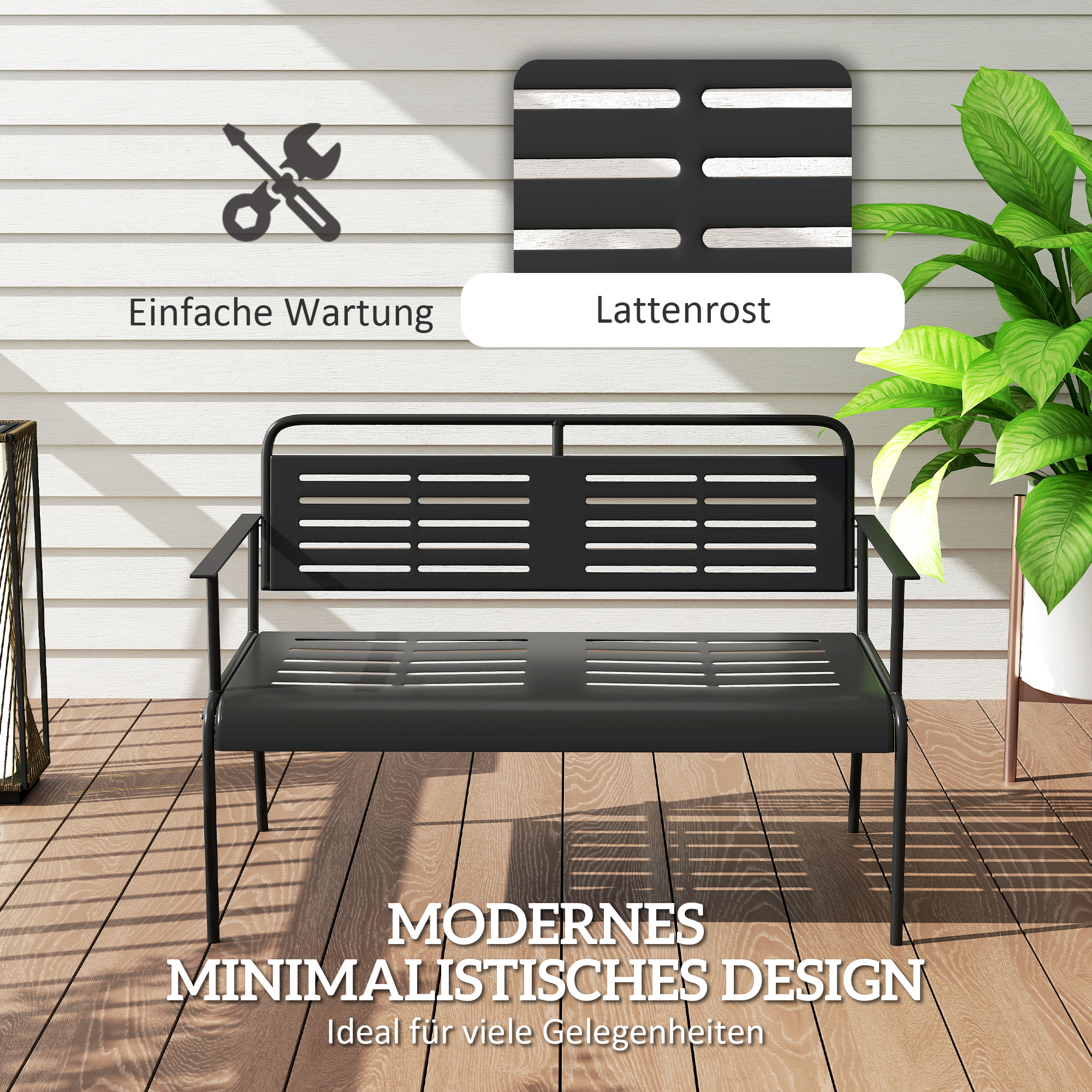 Gartenbank, wetterfest Sitzbank, wasserabweisend Gartenmöbel mit Rücken- & Armlehnen 121 x 64 x 84cm, Schwarz