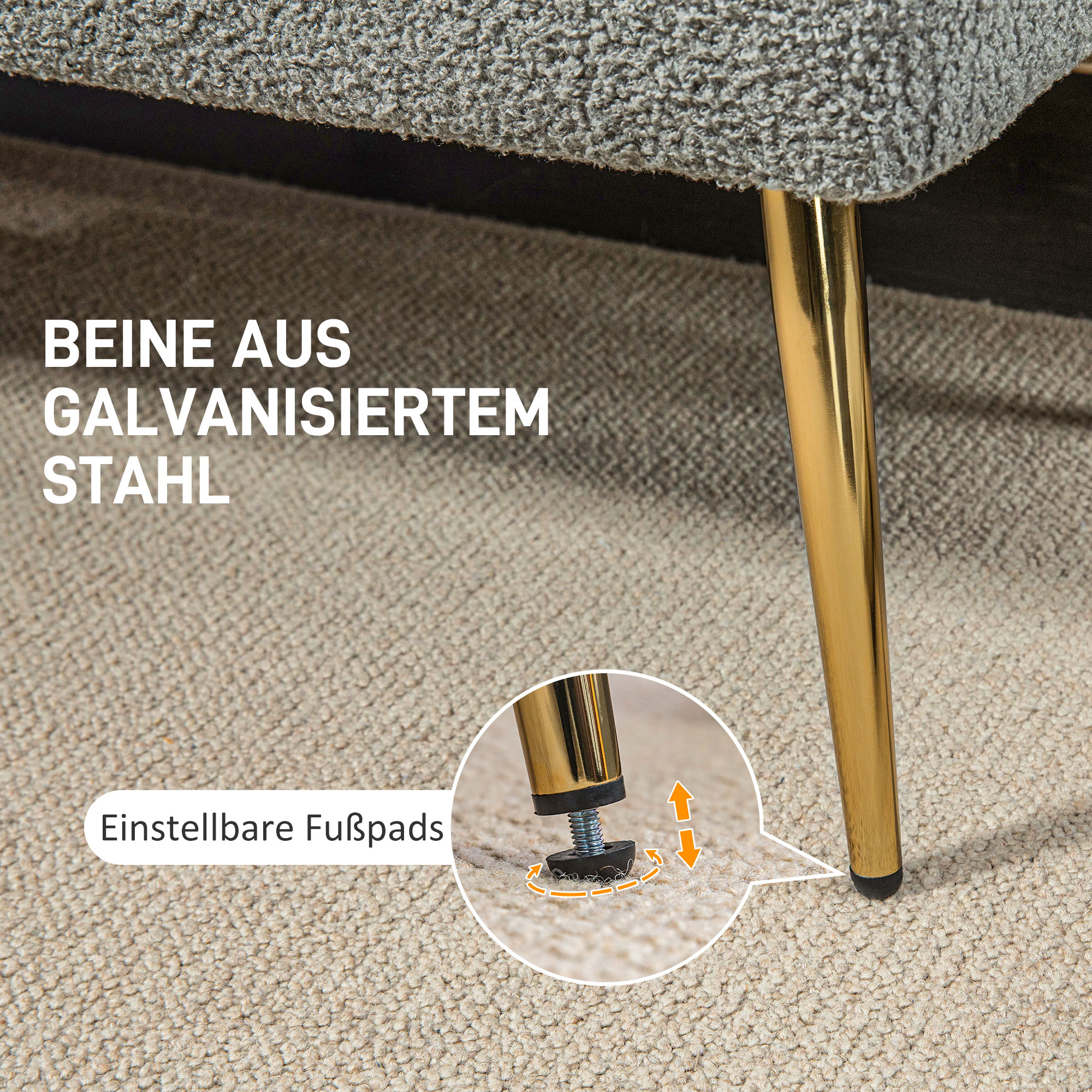 Bettbank, Sitzbank, weicher Bezug in Lammwoll-Optik, bis 120 kg, vergoldete Stahlbeine, 112x41x46cm, Grau