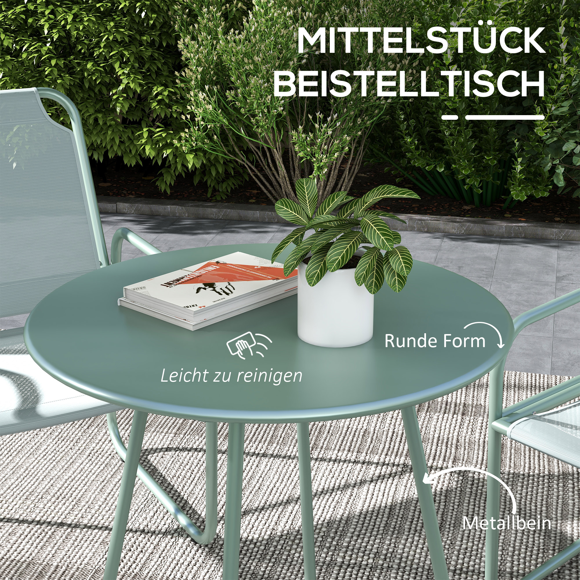 3-teiliges Gartenmöbelset, 2 Stühle mit atmungsaktivem Stoffbezug, 1 runder Tisch Ø60 cm, Grün
