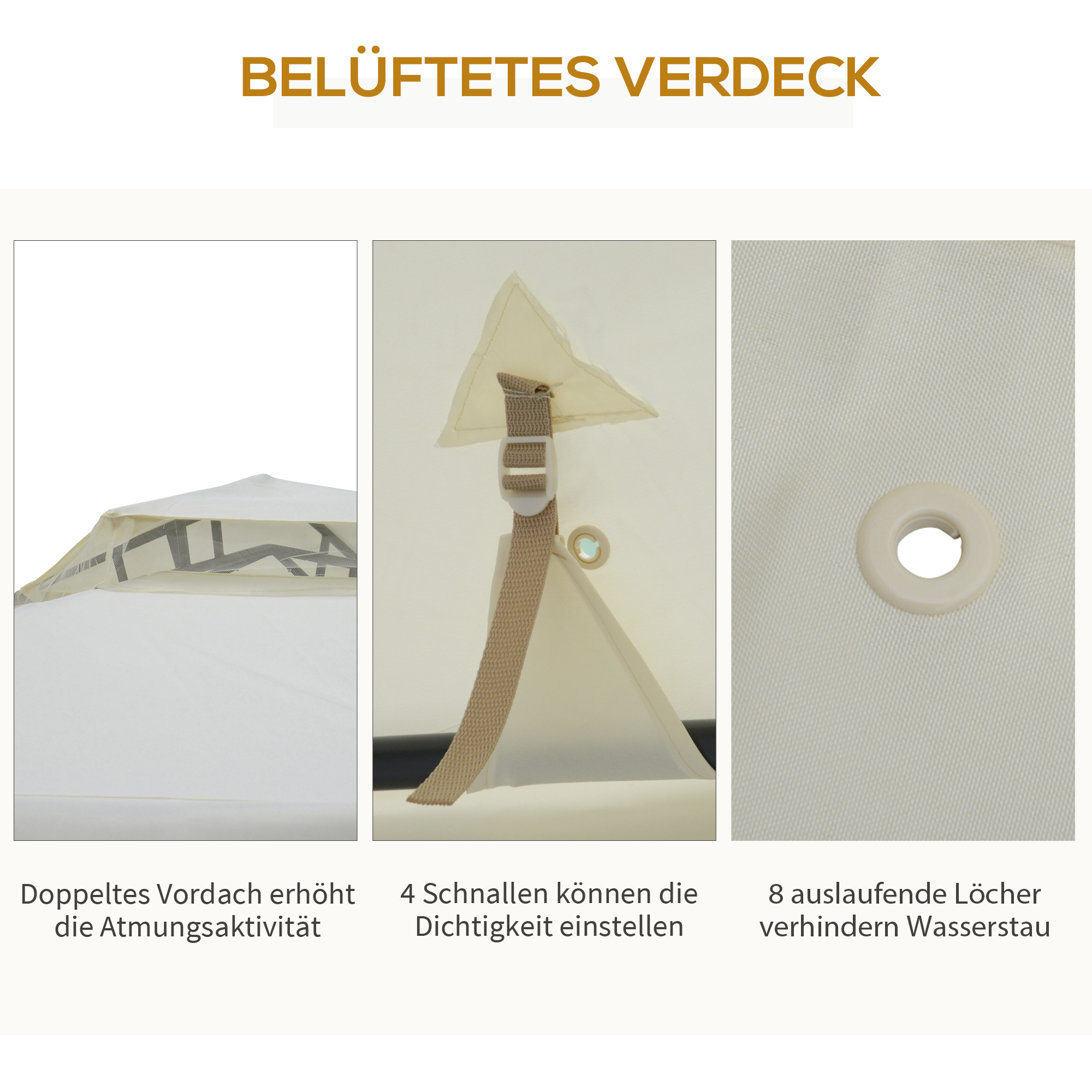 Pavillon mit Doppeldach, ca, 3x3 m Wasserdicht Stabil Winterfest Gartenpavillon mit Moskitonetz, Seitenteile, Garten-Pavillon aus Metall, für Garten, Terrasse, Cremeweiß