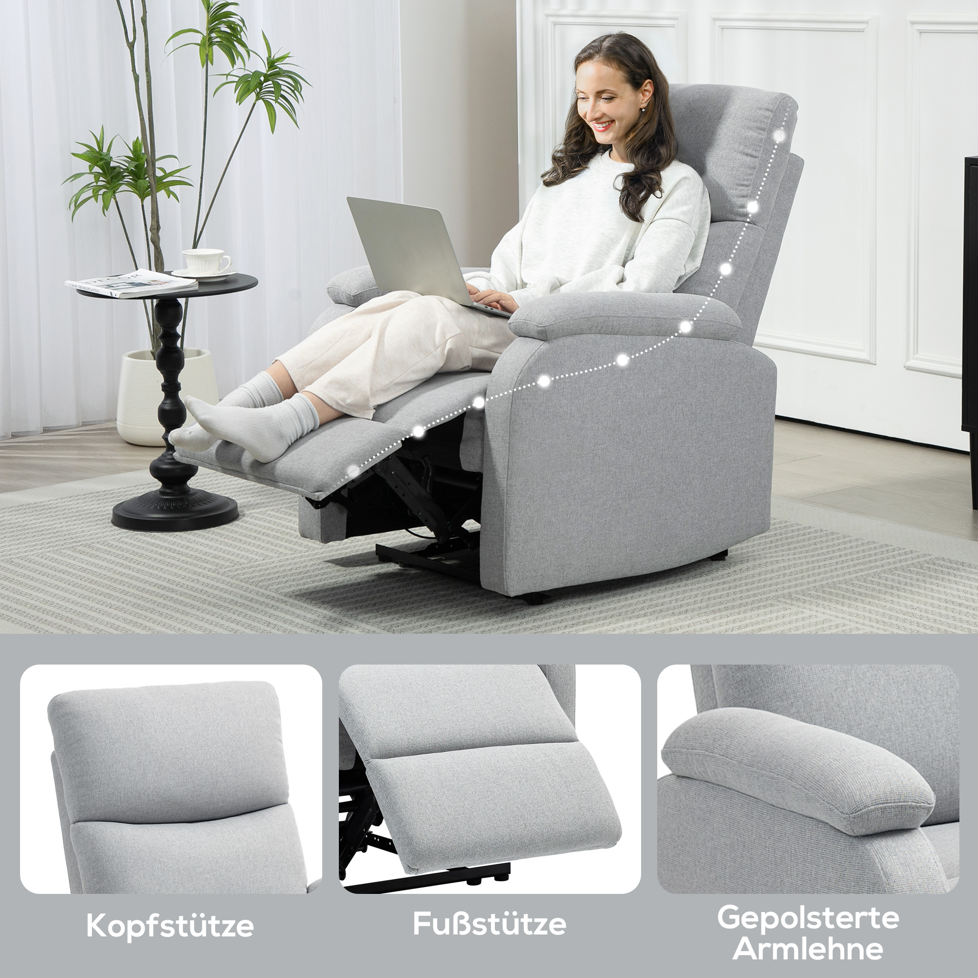 Recliner-Sessel, Entspannungssessel mit verstellbarer Rückenlehne, Fußstütze, Polstersessel für Wohnzimmer, Grau