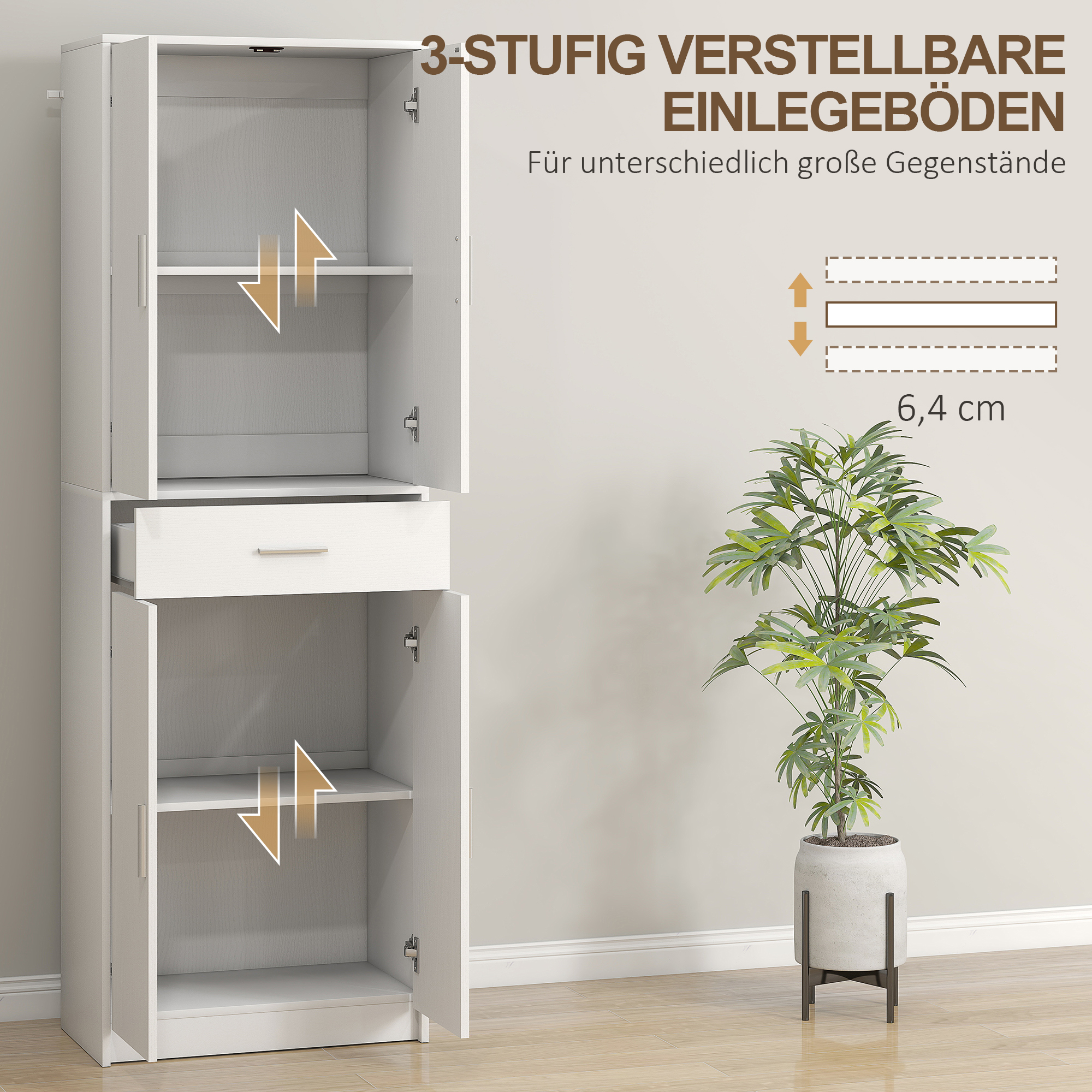 Küchenschrank, 3-stufig verstellbare Regale, Spanplatten, MDF, viel Stauraum, Weiß