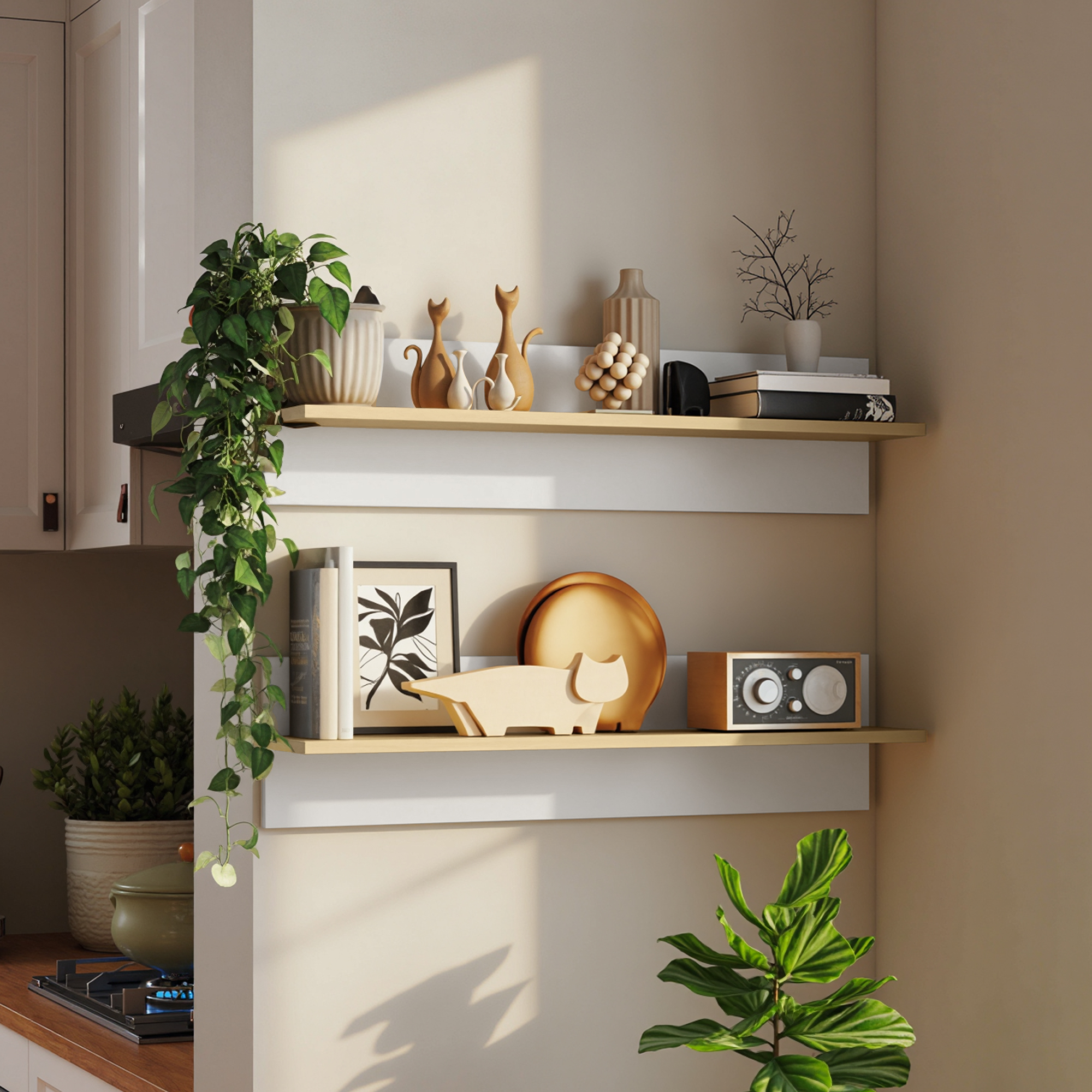 Wandregal 2er-Set Schweberegal, Wandboard, Regalbrett zur Präsentation, für Küche, Wohnzimmer, Weiß+Naturholz
