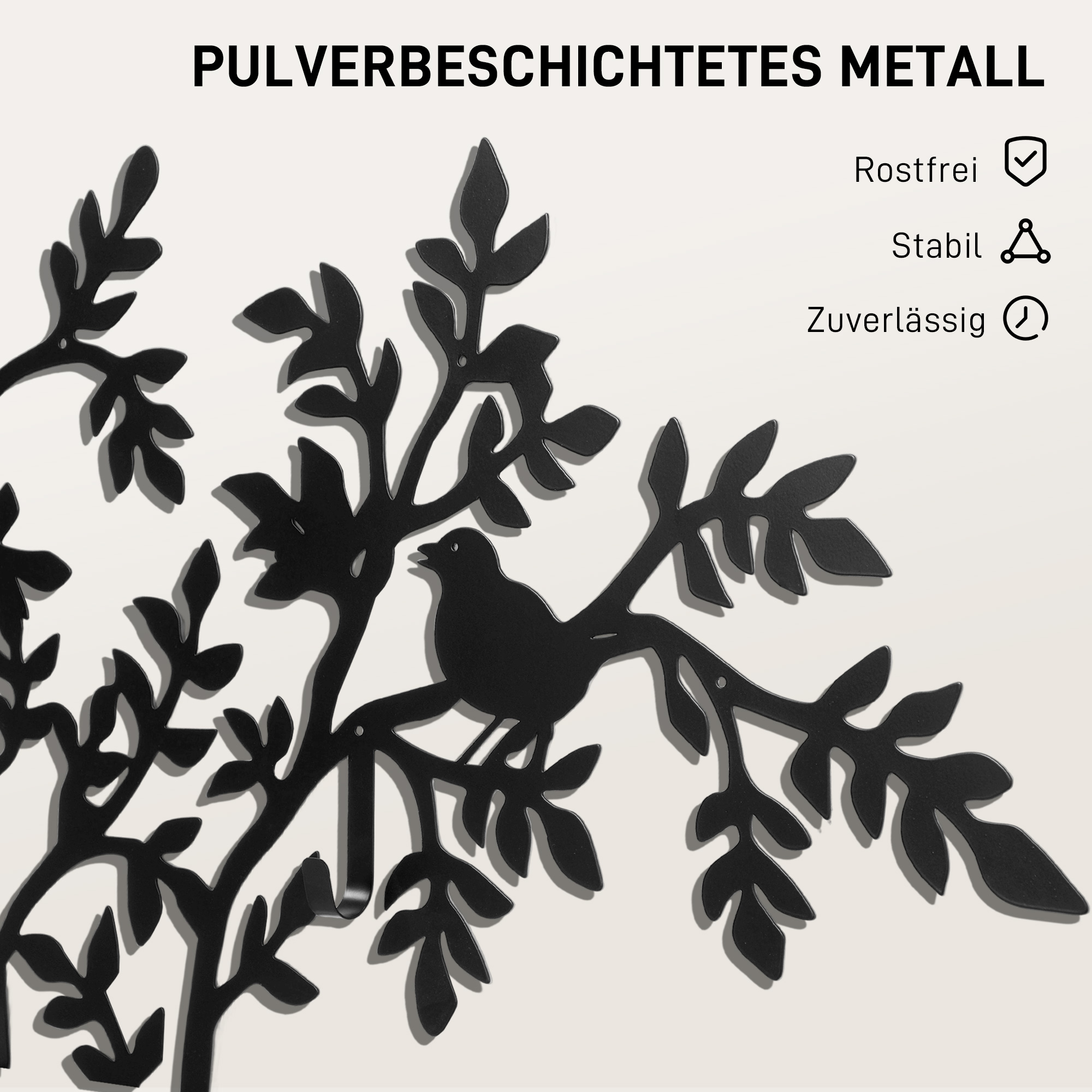 Wandgarderobe, Wandmontierter Mantelhaken, Baumdesign mit Vögeln, Schwarz