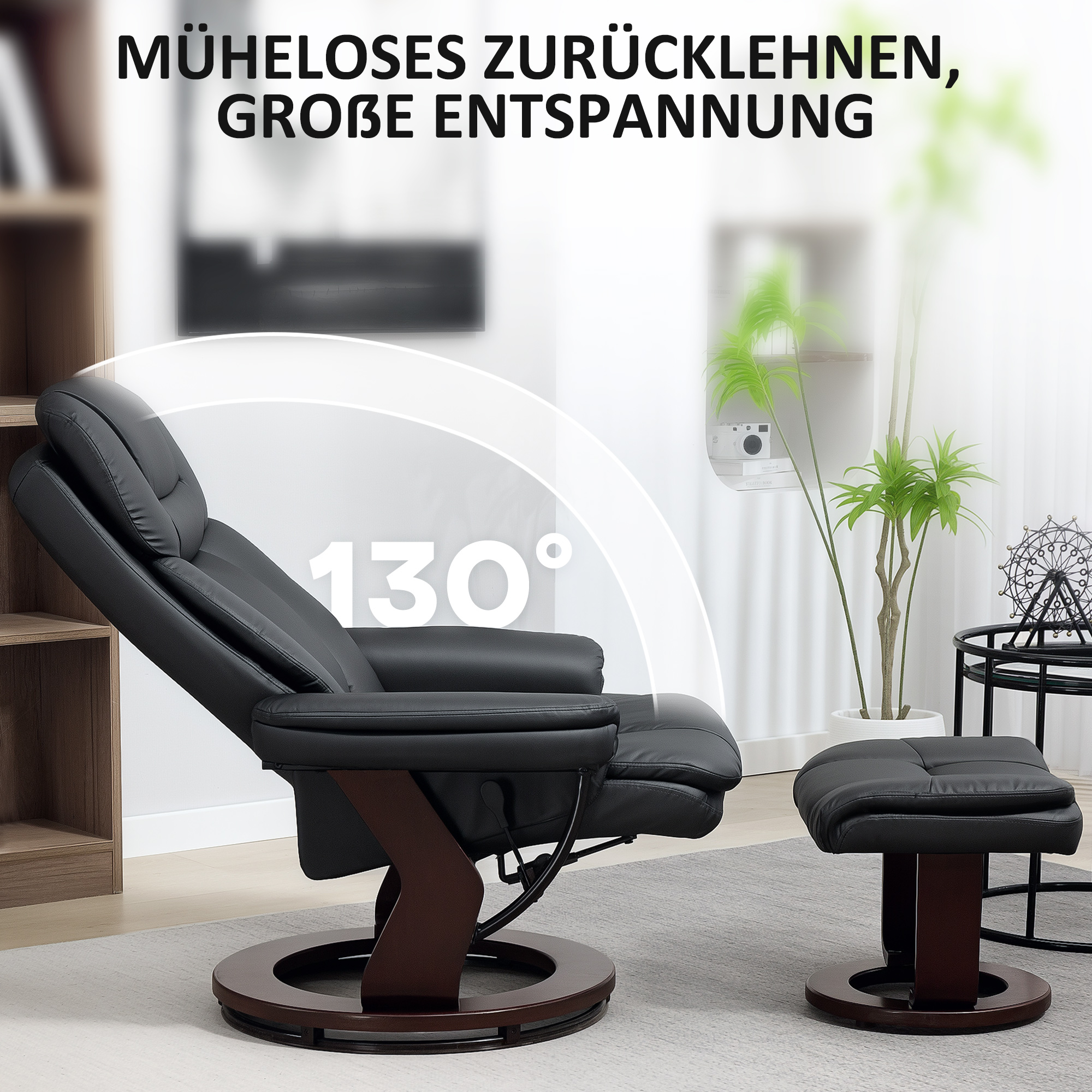 Relaxsessel mit Fußhocker, Verstellbarer Sessel, Kunstleder-Bezug, Polstersessel mit klappbarer Rückenlehne, Schwarz