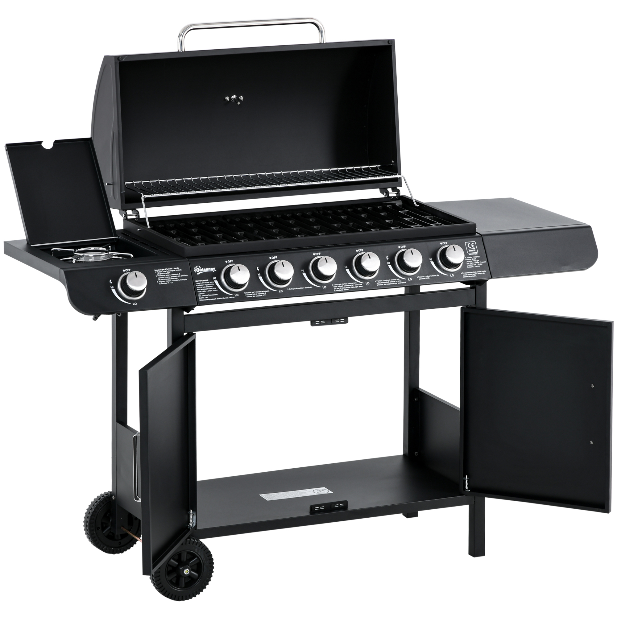 Gasgrill mit 7 Brennern, inkl, Thermometer,  BBQ -Grill, mobiler Grill, Schwarz