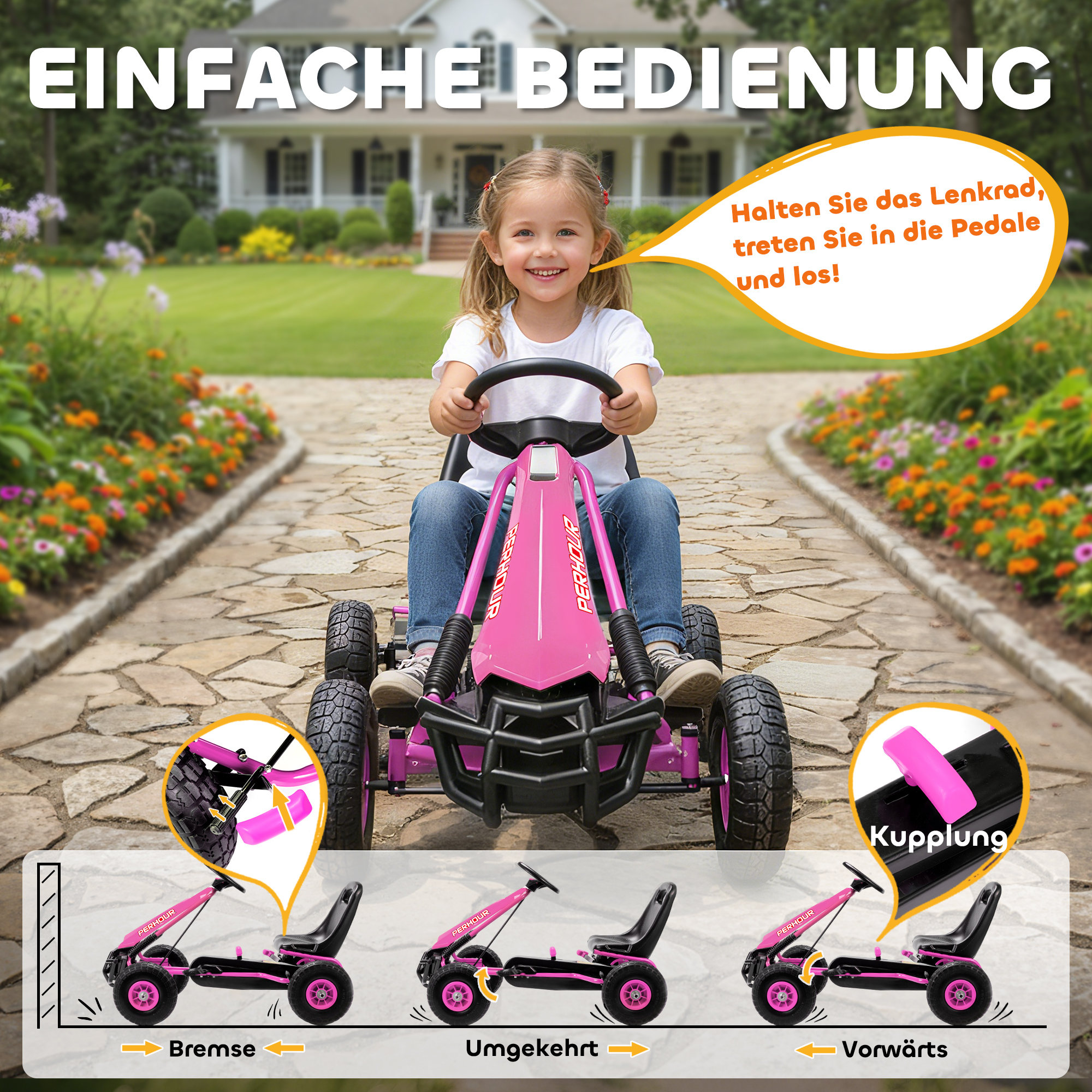 Pedal-Gokart für Kinder, höhenverstellbarer Sitz, EVA-Räder, Bremse, Kupplung, 3-8 Jahre, Rosa