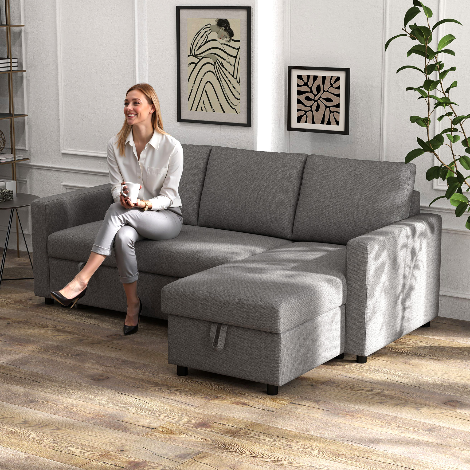 Ecksofa mit Schlaffunktion Stauraum Eckcouch mit Bettkasten Chaiselongue Schlafsofa Stoffsofa L-Form Leinen-Touch Hellgrau 211,5 x 146 x 85 cm