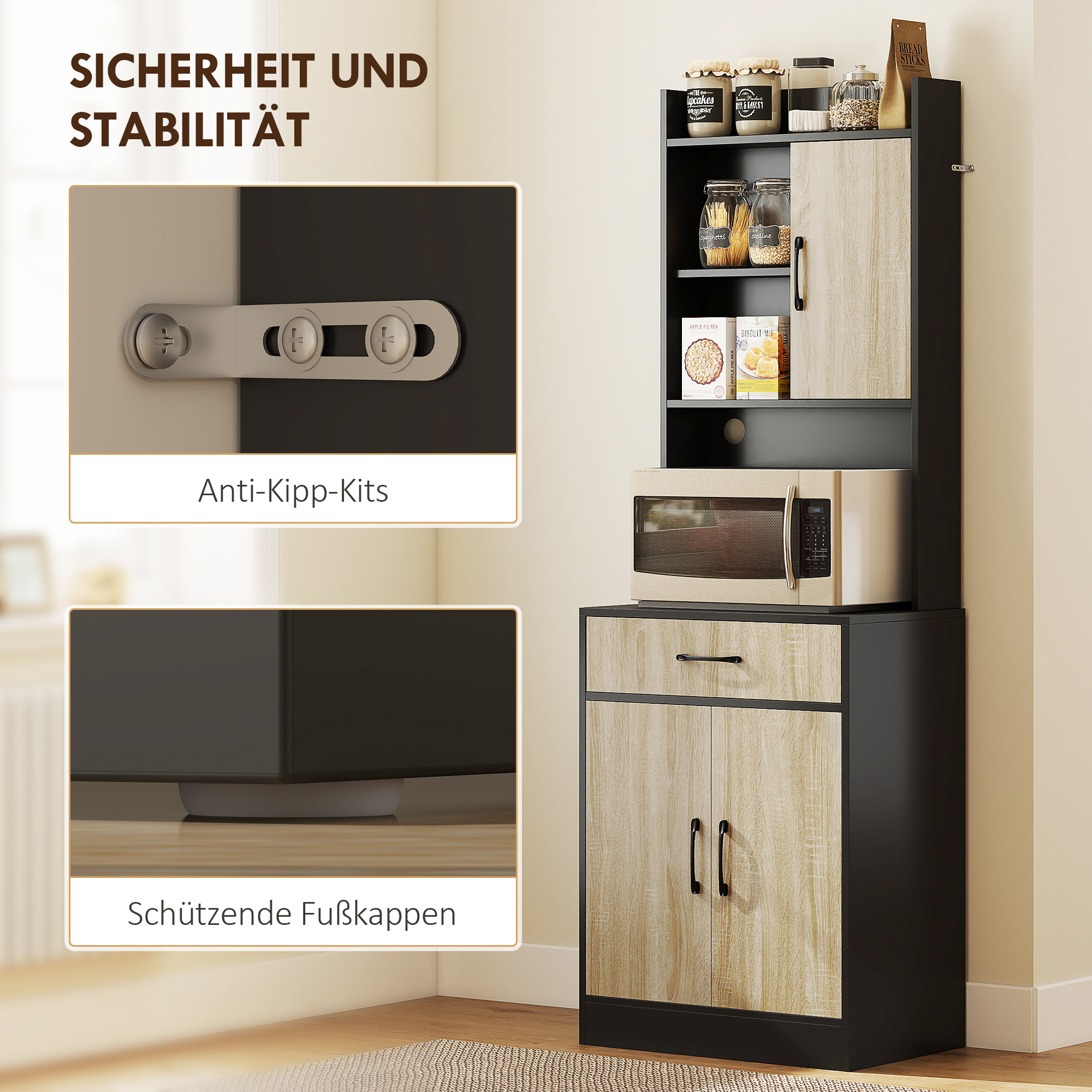Küchenschrank mit Arbeitsfläche und Kabelloch, moderne Küchenkommode mit Schublade, 3 offene Regale, Naturholz, Schwarz