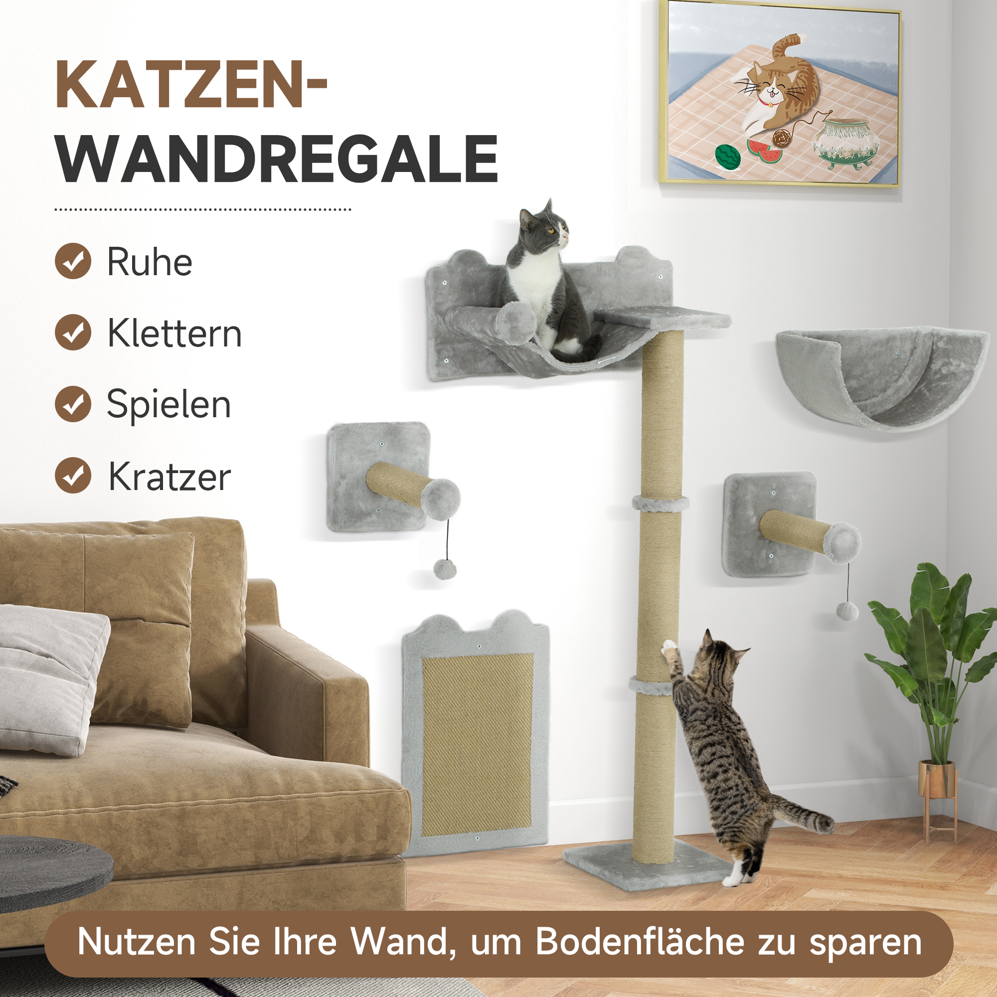 5-teiliges wandmontiertes Kletterset für Hauskatzen mit Kratzpfosten, Kratzmatte, Katzenbett, Spielzeugbällen, Hellgrau