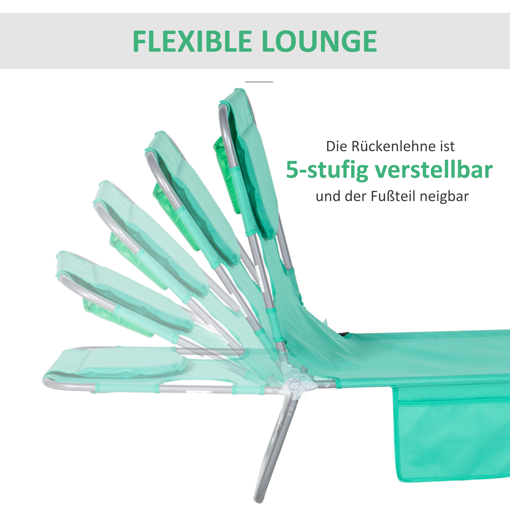 Gartenliege, Liegestuhl mit gepolsterter Gesichtsöffnung, Massage-Liege für draußen, Seitentasche, Stoff, Metall, Grün