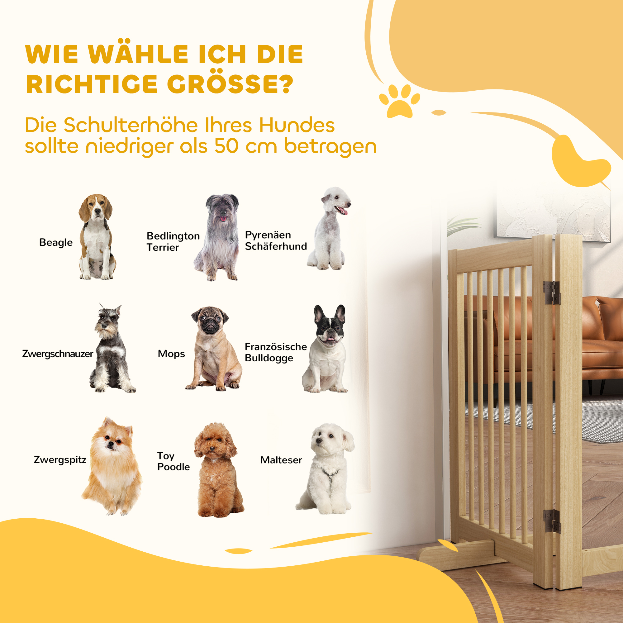 Freistehendes Hundegitter, 4 Paneele, flexibel, Kiefernholz, 204L x 36B x 75H cm, Naturholz