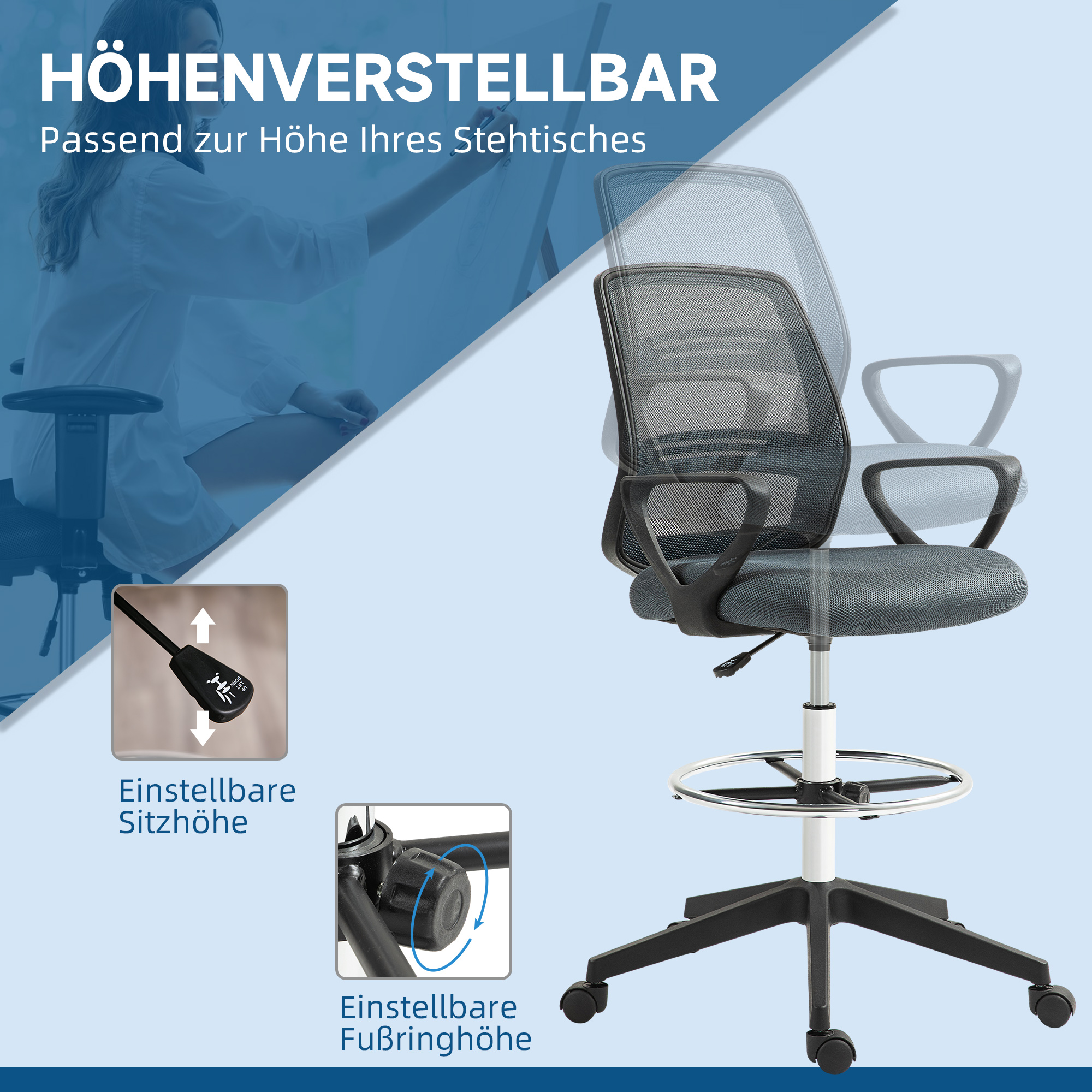 Bürostuhl Ergonomischer Schreibtischstuhl mit Armlehnen und Verstellbarer Fußring Netzbespannung Grau
