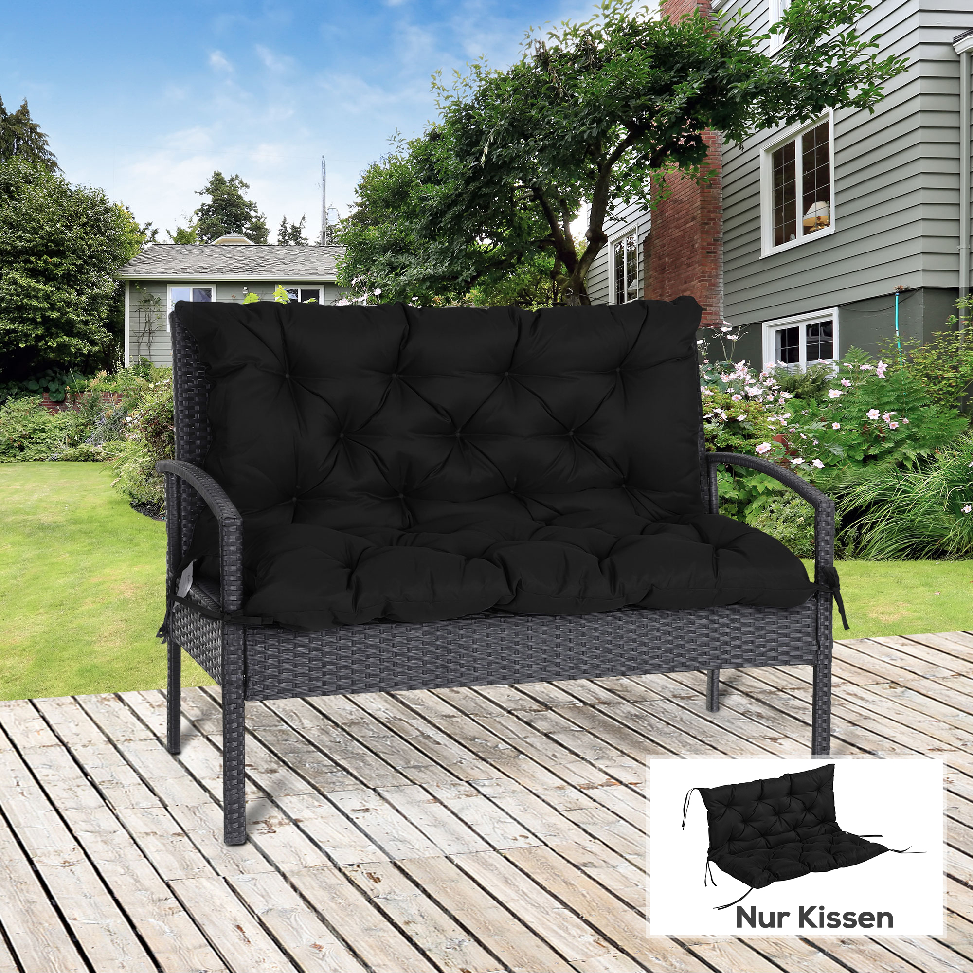3 Sitzer Bankauflage 100x98x8 cm Bankkissen mit Bändern, Bankpolster für Gartenmöbel Hollywoodschaukel, Schwarz
