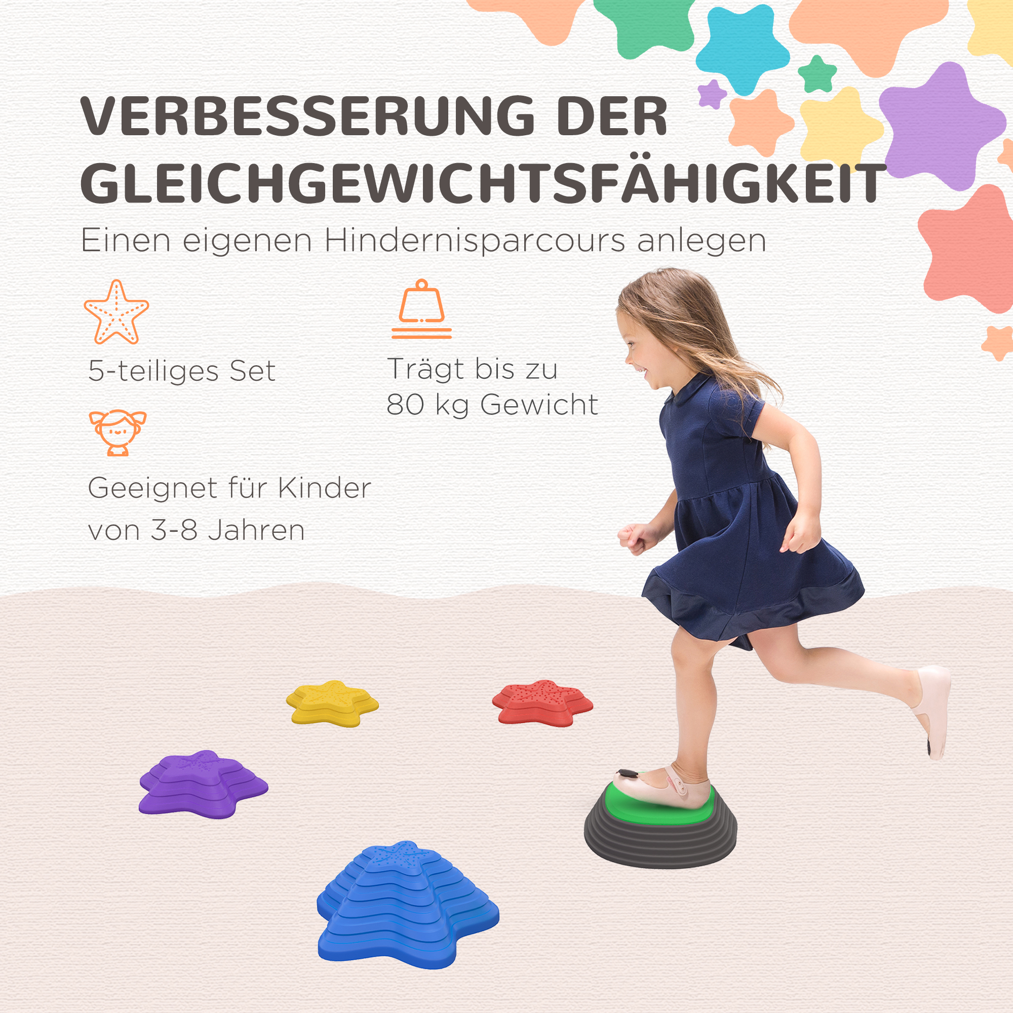 Trittsteine-Set für Kinder ab 3 Jahren, 5 Steine, rutschfest, bis 80 kg, Seestern-Design