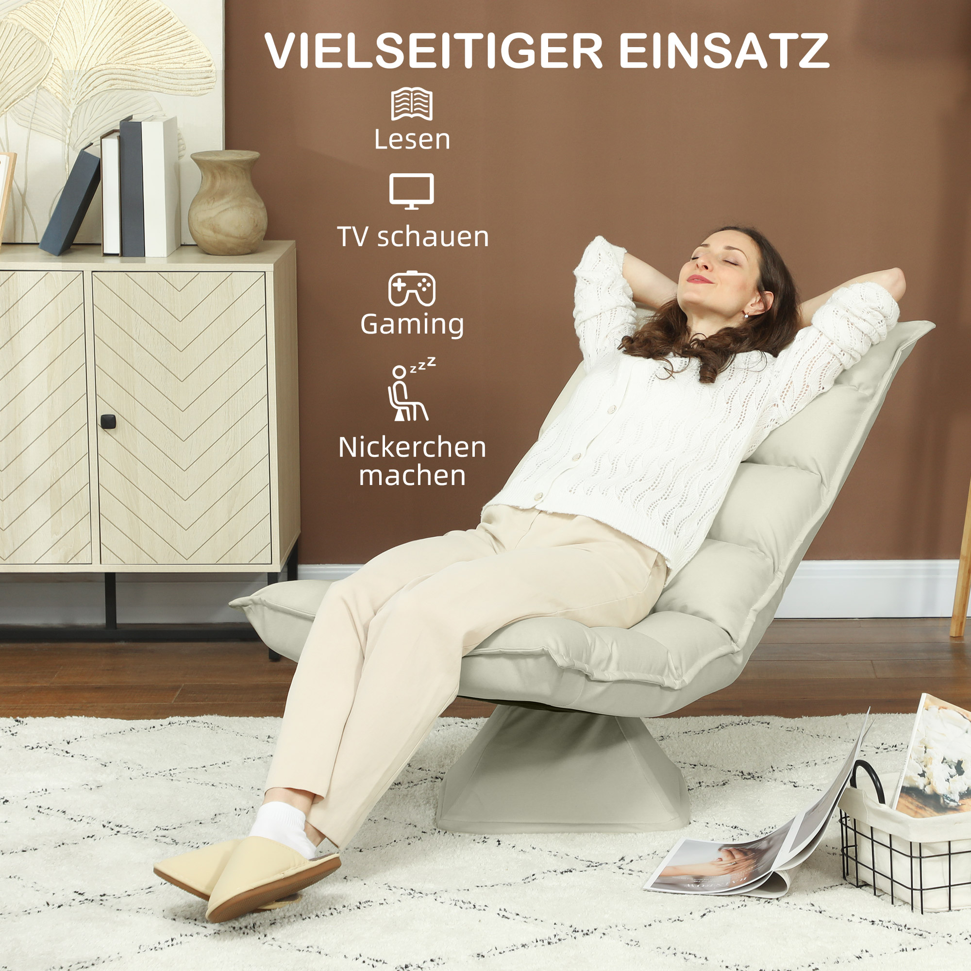 Relaxsessel, Sitzsack, verstellbare Rückenlehne, Lederoptik, 62x70x95cm, Beige