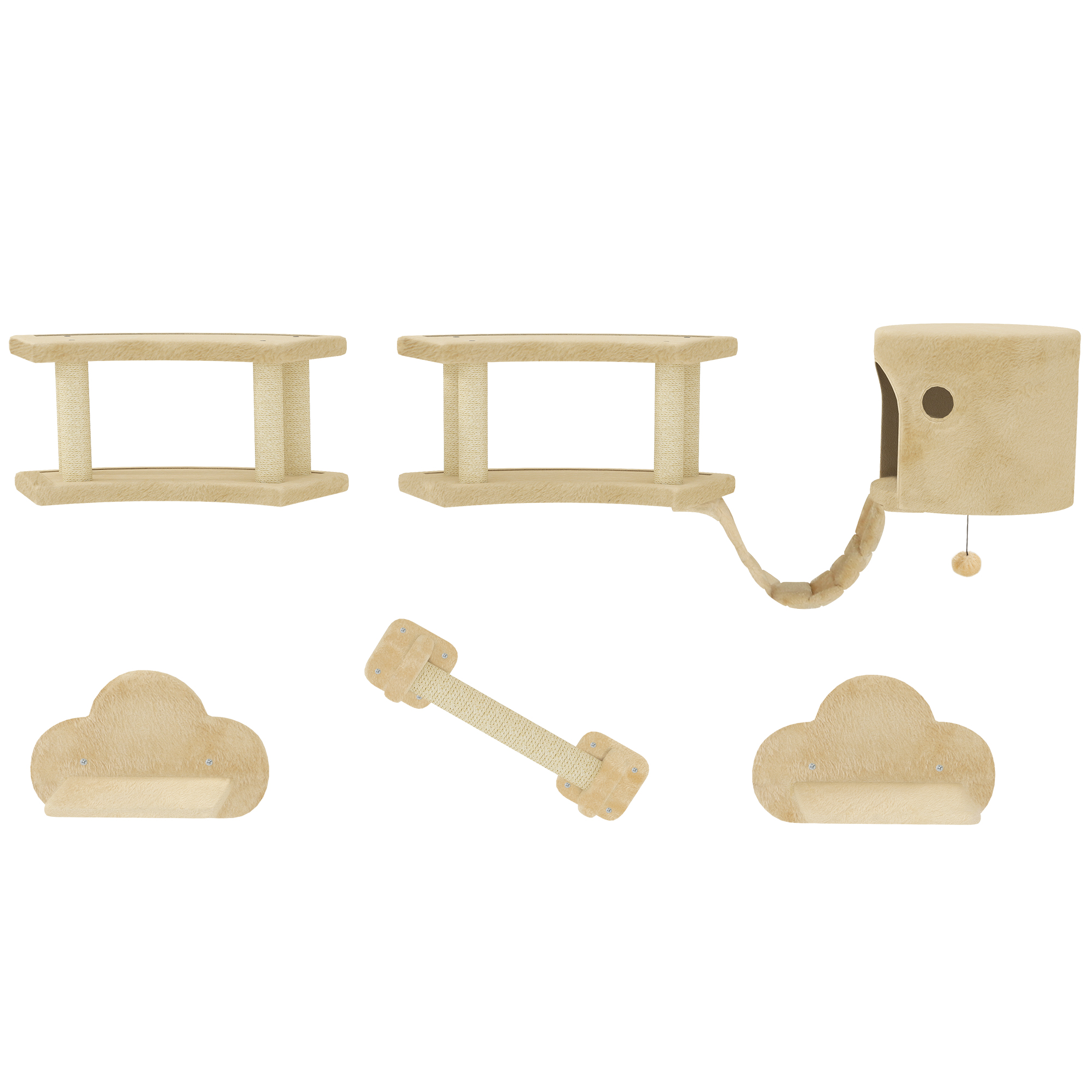 5-teiliges Katzen-Kletterset mit Kratzpfosten, Sprungplattformen, Leiter, Haus, Wandmontage, Beige