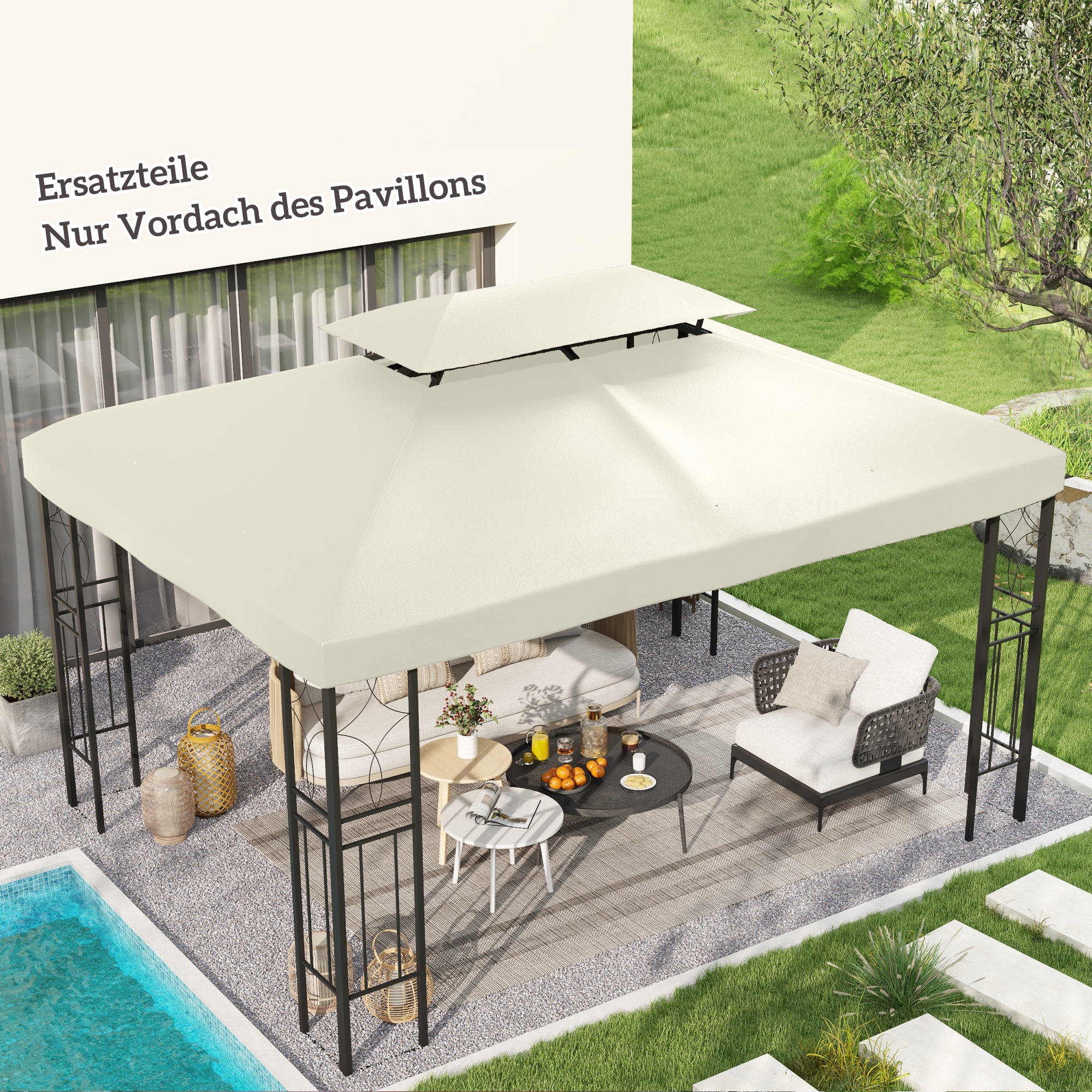 Ersatzdach für Metallpavillon 3x4m wasserabweisend Pavillondach mit Doppeldach, Ersatzbezug für Gartenpavillon Partyzelt Gartenzelt Polyester Cremeweiß