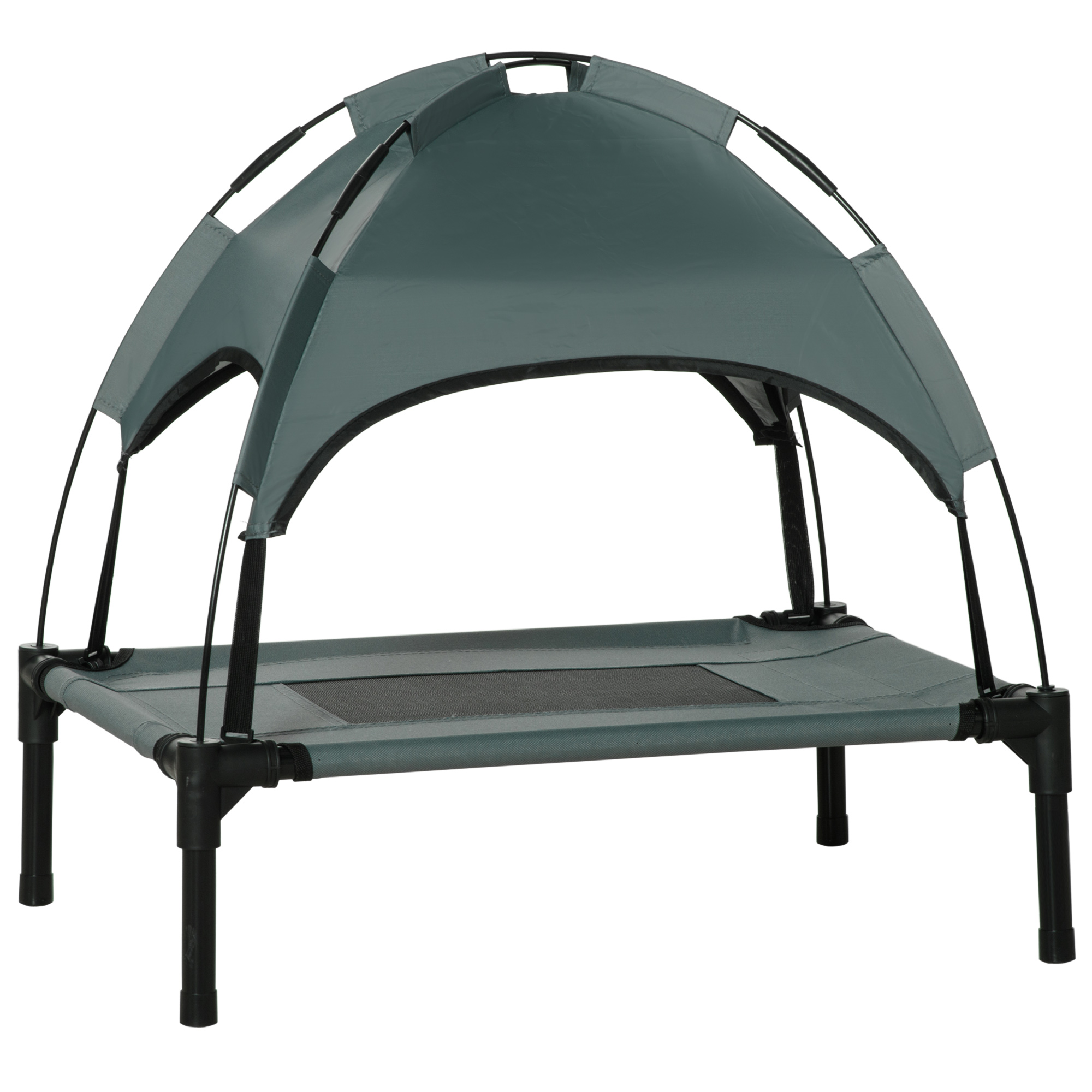 erhöhtes Hundebett mit Baldachin, Haustierbett, Hundeliege outdoor mit Dach, Atmungsaktiv, Taftstoff für Camping Grau 61 x 46 x 62 cm