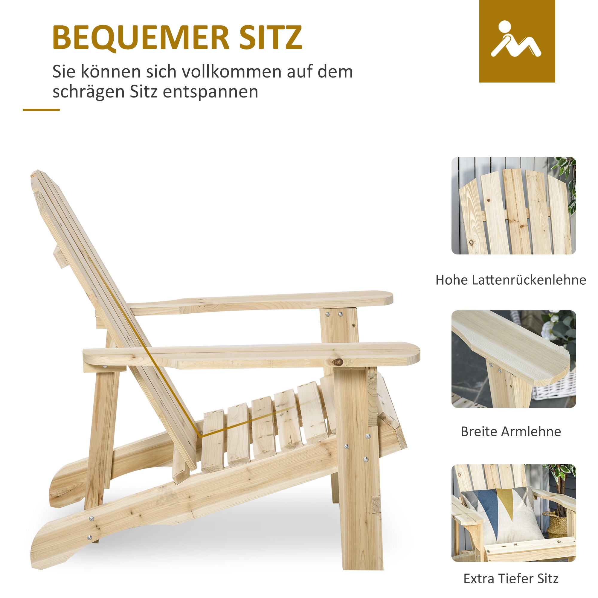 Adirondack Stuhl wetterfest Adirondack Chair aus Holz Outdoor Gartenstuhl mit Hoher Rückenlehne Armlehnen