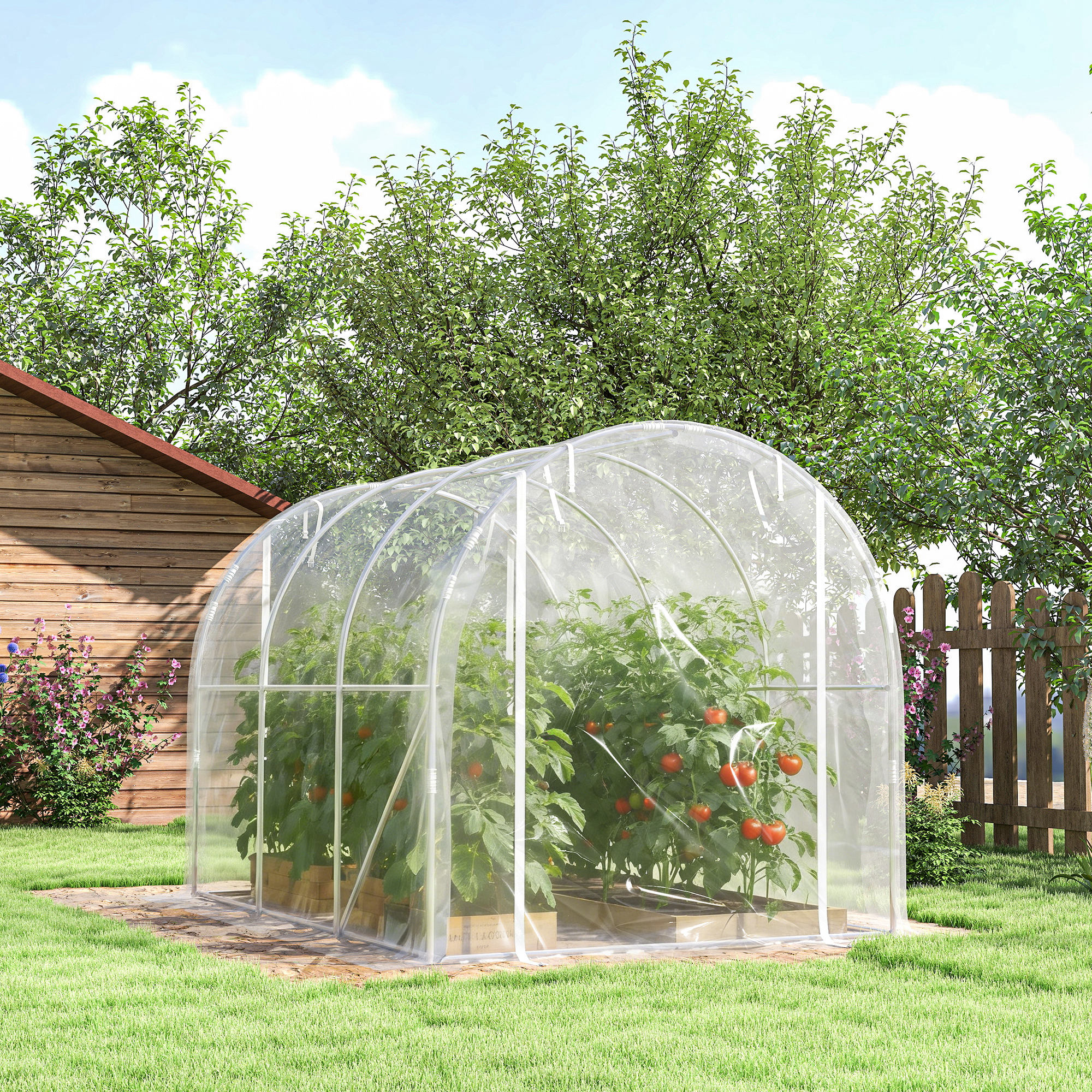 Polytunnel-Gewächshaus, begehbares Gewächshaus mit verzinktem Stahlrahmen und UV-beständiger PE-Abdeckung, transparent
