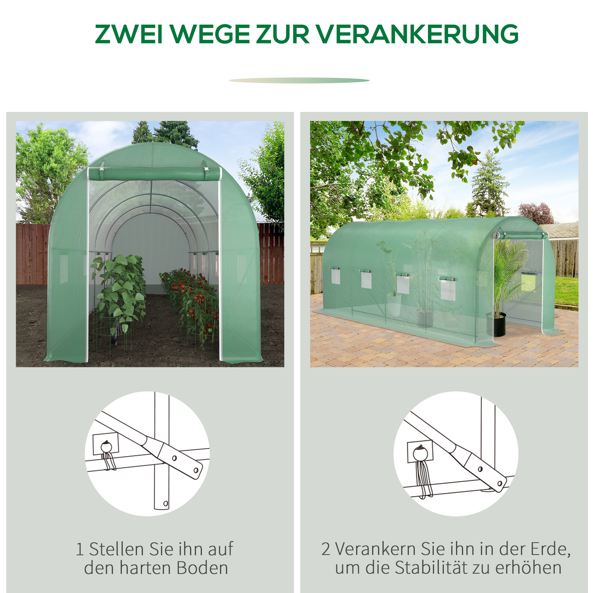 Gewächshaus 500x200x205cm Foliengewächshaus Tomatenhaus mit Tür, 8 Fenster, Folientunnel aus verzinktem Stahl, PE, stabiles Treibhaus Pflanztunnel, inkl. Erdanker & Seilen, Grün