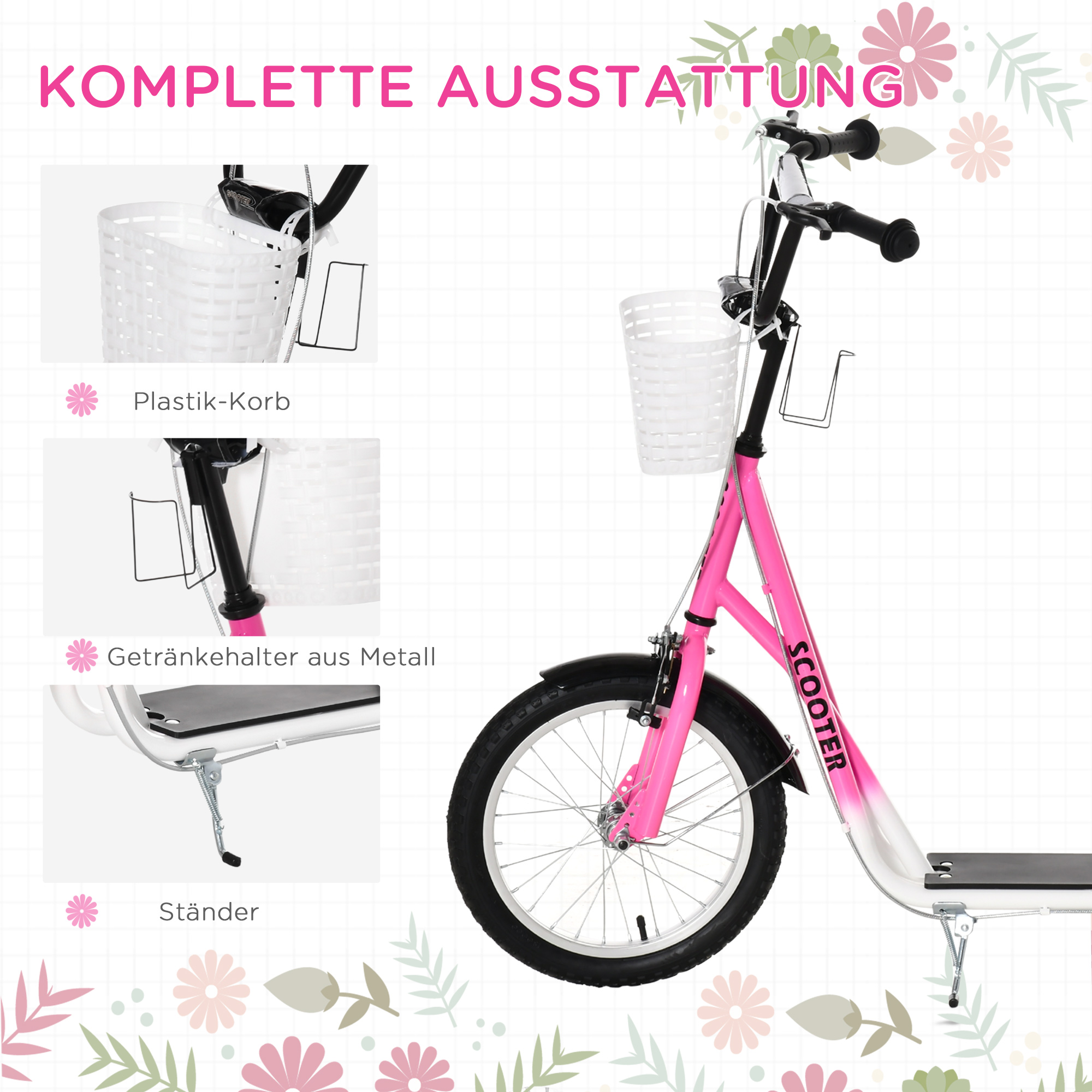 Kinderroller Tretroller mit Bremse, inkl, Korb, höhenverstellbar, für Kinder von 5 bis 12 Jahren, Weiß + Pink