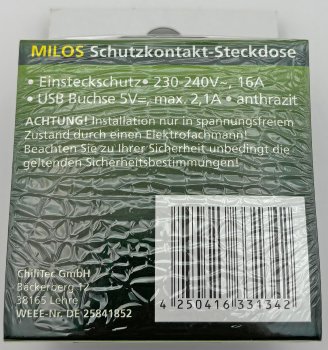 MILOS Schutzkontakt-Steckdose, Anthrazit, 250V~/ 16A, UP, 2x USB Buchse je 5V/1A