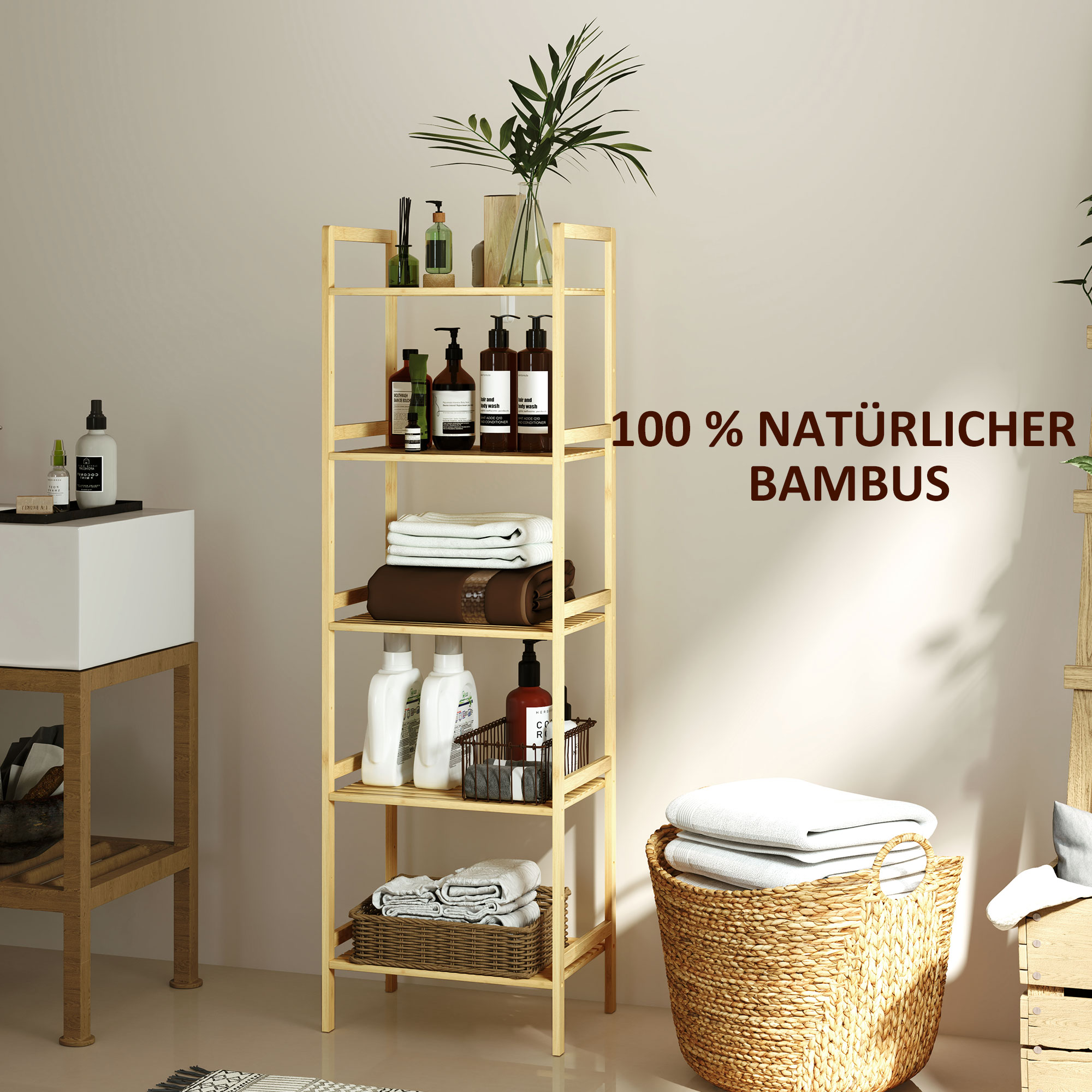 Bambus-Badezimmerregal mit 5 Ebenen, Aufbewahrungsregal mit verstellbaren Regalböden, 43,5 x 31,5 x 142 cm, Naturholz