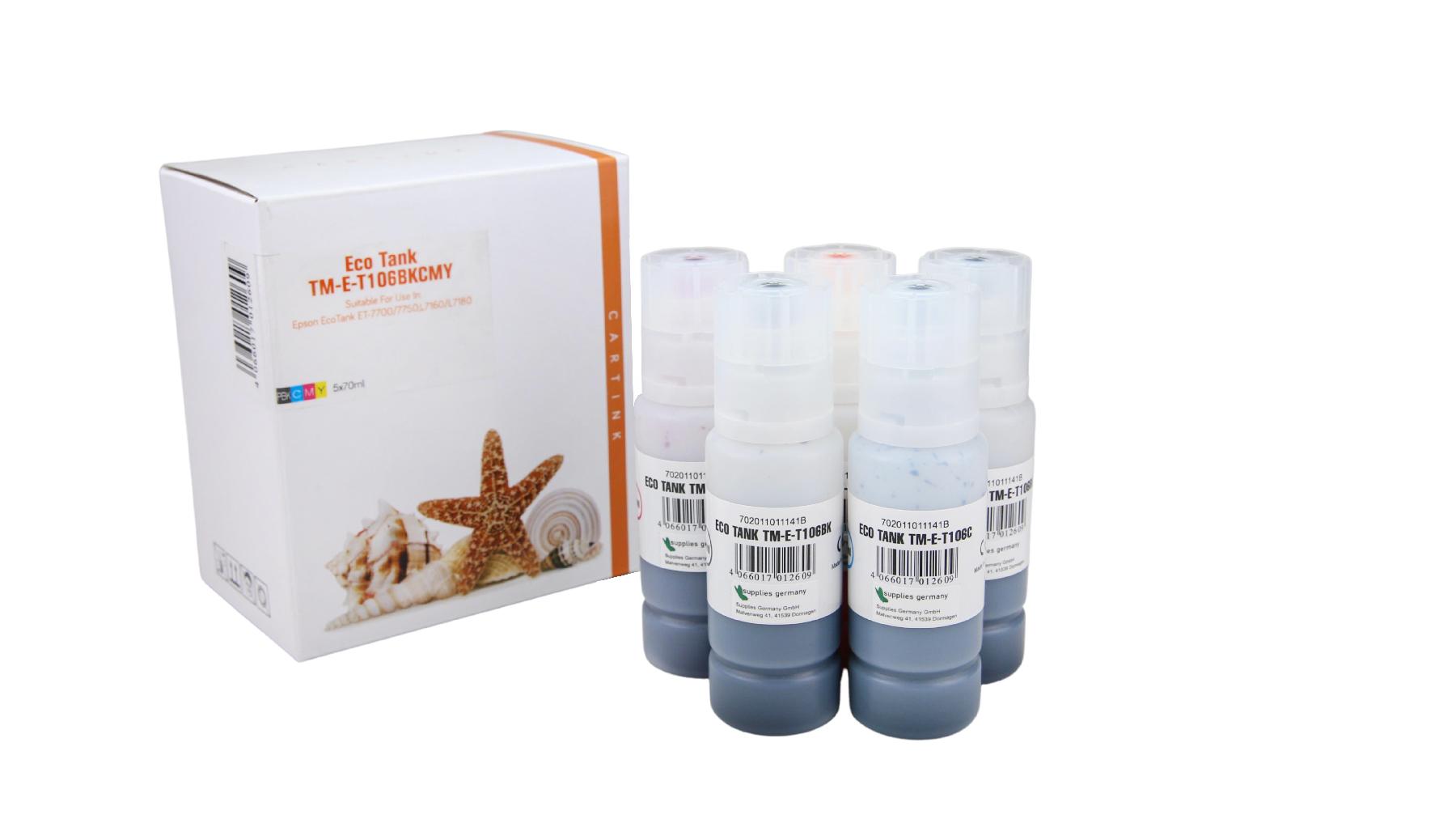 Multipack T106 alternativ Eco Tank Nachfüllflasche für Epson / C13T00R140440 / 2x schwarz  CMY / 70ml