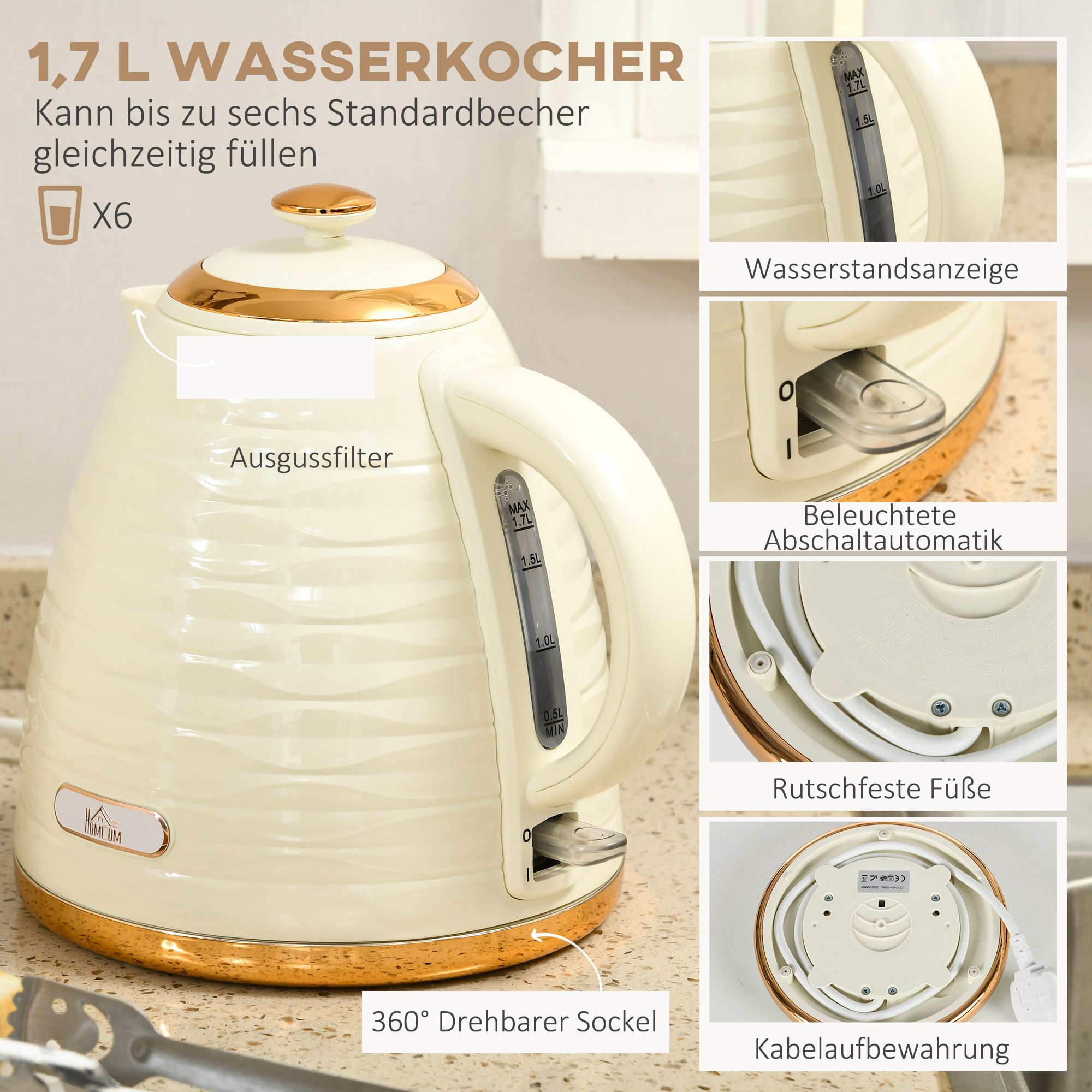 2-in-1 Toaster- und Wasserkocher-Set, 7 Bräunungsstufen, Auftau- und Aufwärmfunktion, Beige