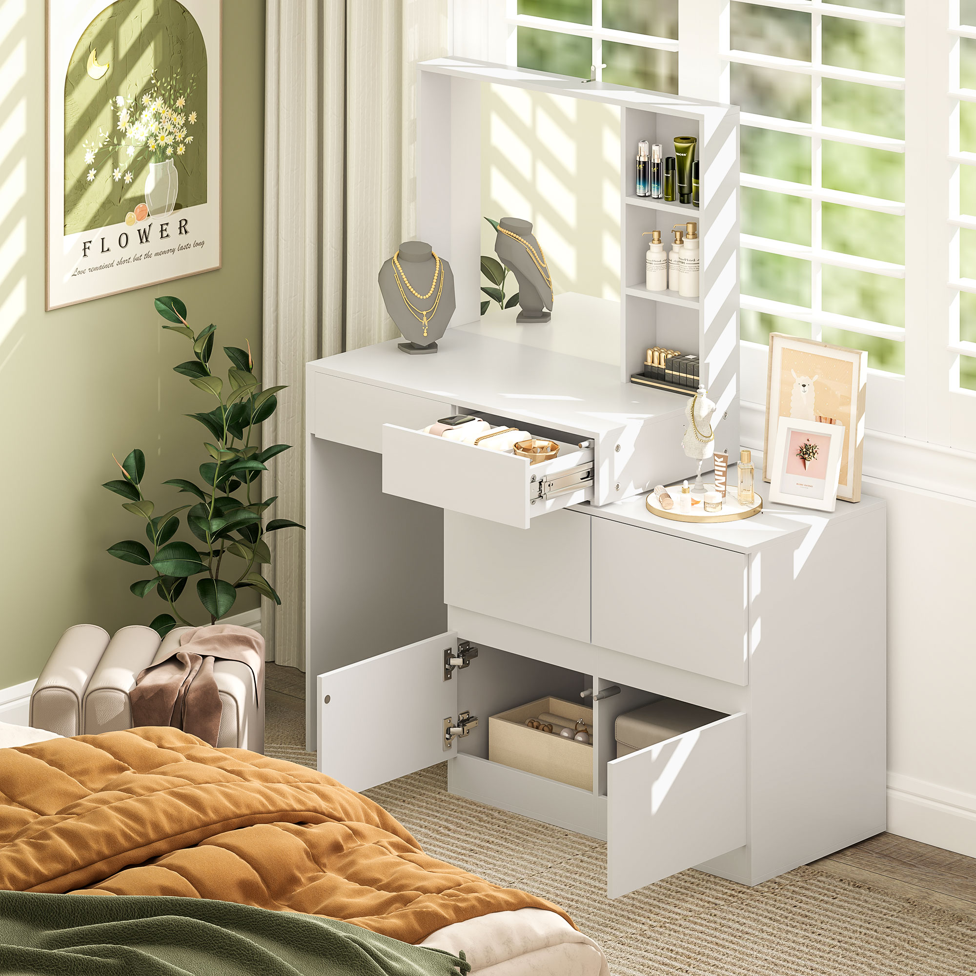 Schminktisch, Make-up-Tisch mit großem Spiegel, 4 Schubladen, 3 offene Fächer, 2 Schränke, MDF, Weiß