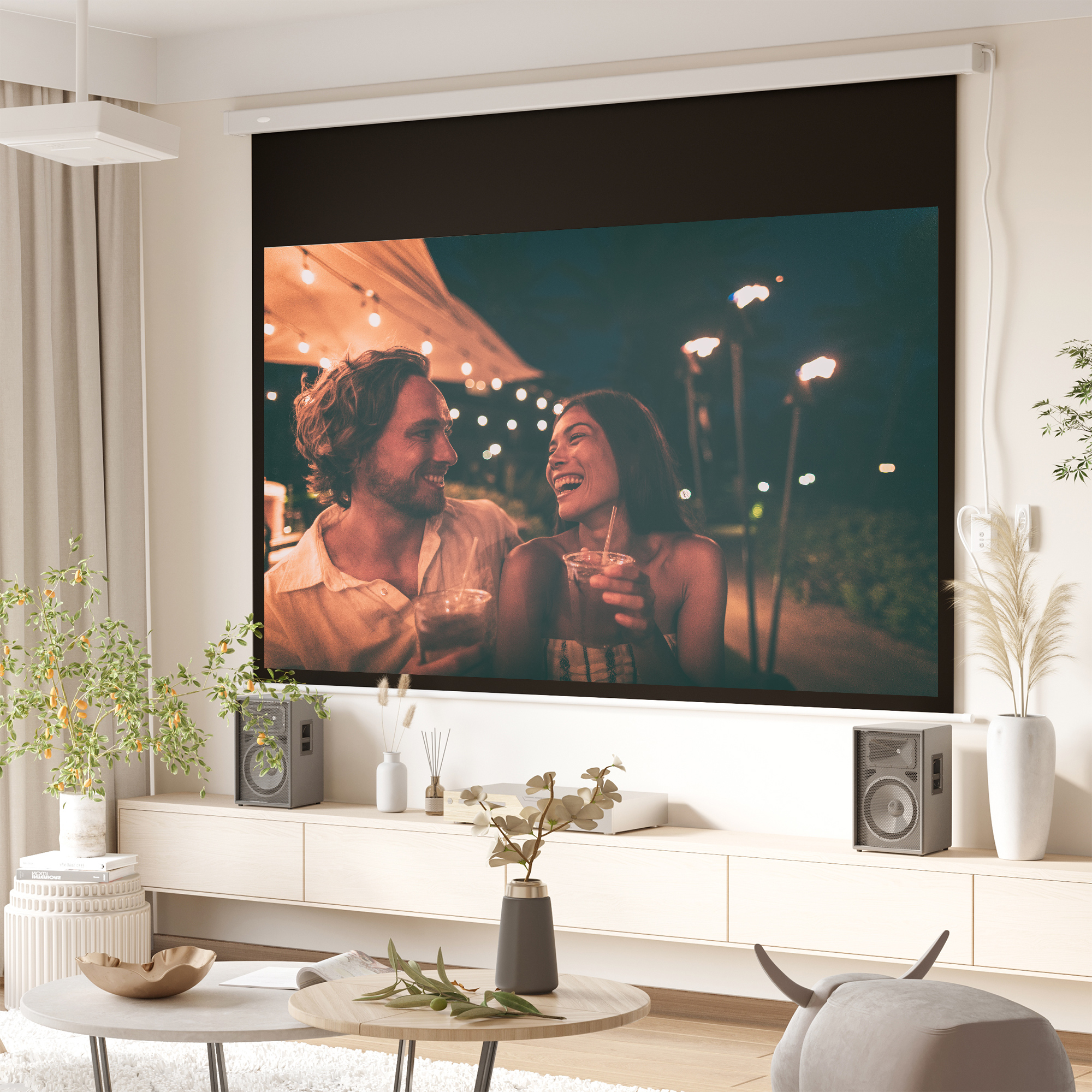 Beamer Leinwand 247 x 168 cm 100 Zoll 16:9 HD 4K Projektionsleinwand Elektrisch mit Fernbedienung, Weiß