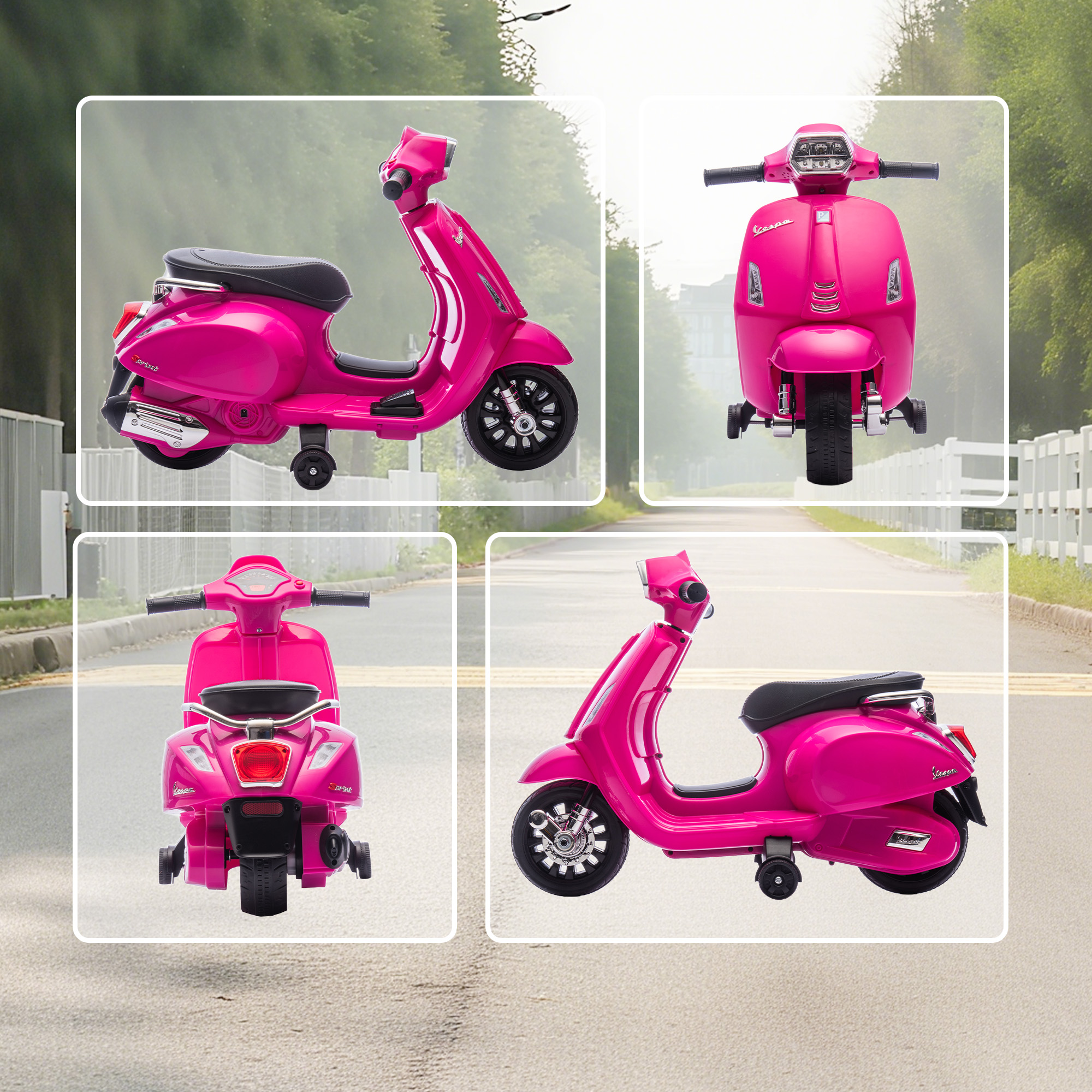 Elektro Motorrad Kinder Vespa 6V Elektromotorrad mit Stützrädern, Scheinwerfer, Hupe für 2-6 Jahre 71 x 37 x 52 cm Rosa