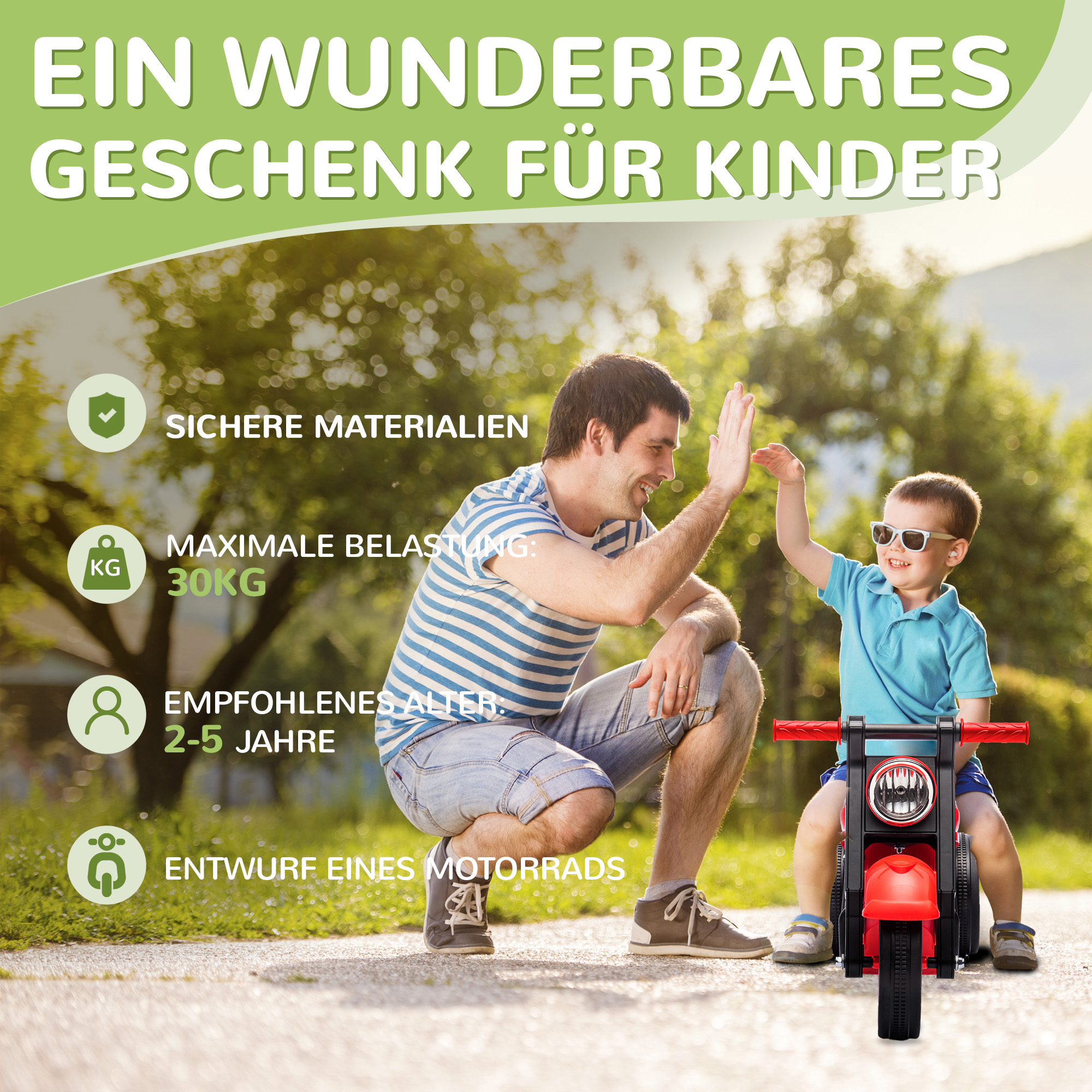 Rutschauto, Motorrad-Design, Musik und Seifenblasen, für 2-5 Jahre, Rot
