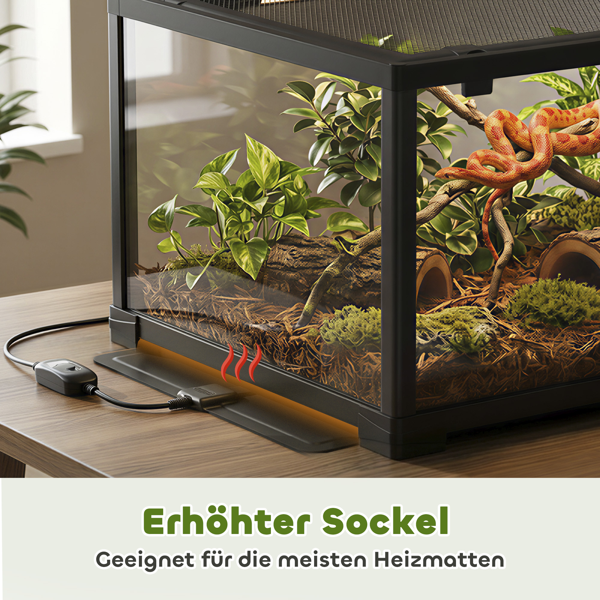 Reptilien-Terrarium, 86 Liter Vivarium mit Schiebetür, verschließbar, für Echsen, Insekten, Spinnen, Geckos, 60 x 45 x 32 cm, Schwarz