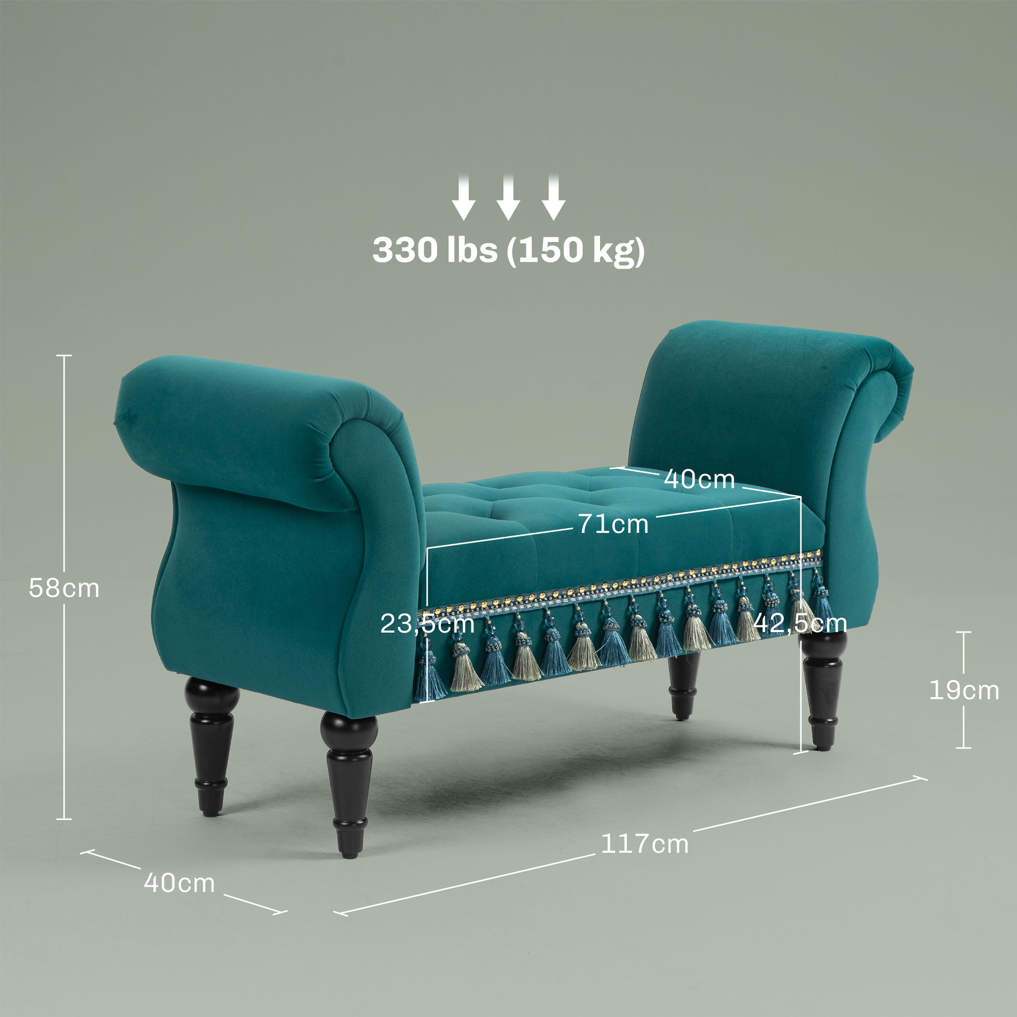 Polsterbank, Sitzbank, Vintage-Design, bis 150 kg, 117x40x58 cm, Grün