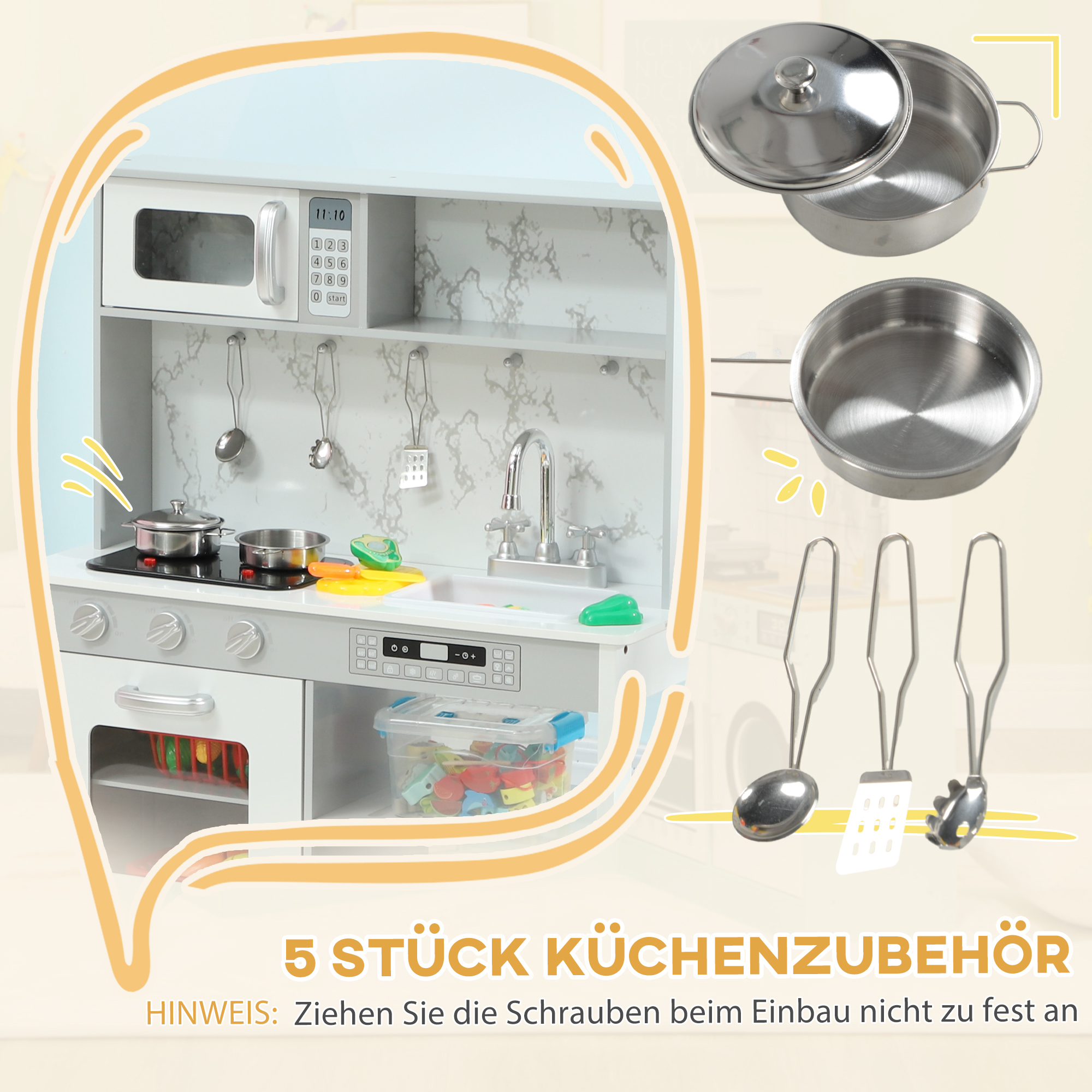 Spielküche mit Herd, Mikrowelle, viel Zubehör, höhenverstellbar, 70,1 x 28 x 90,2/96,1 cm, Weiß