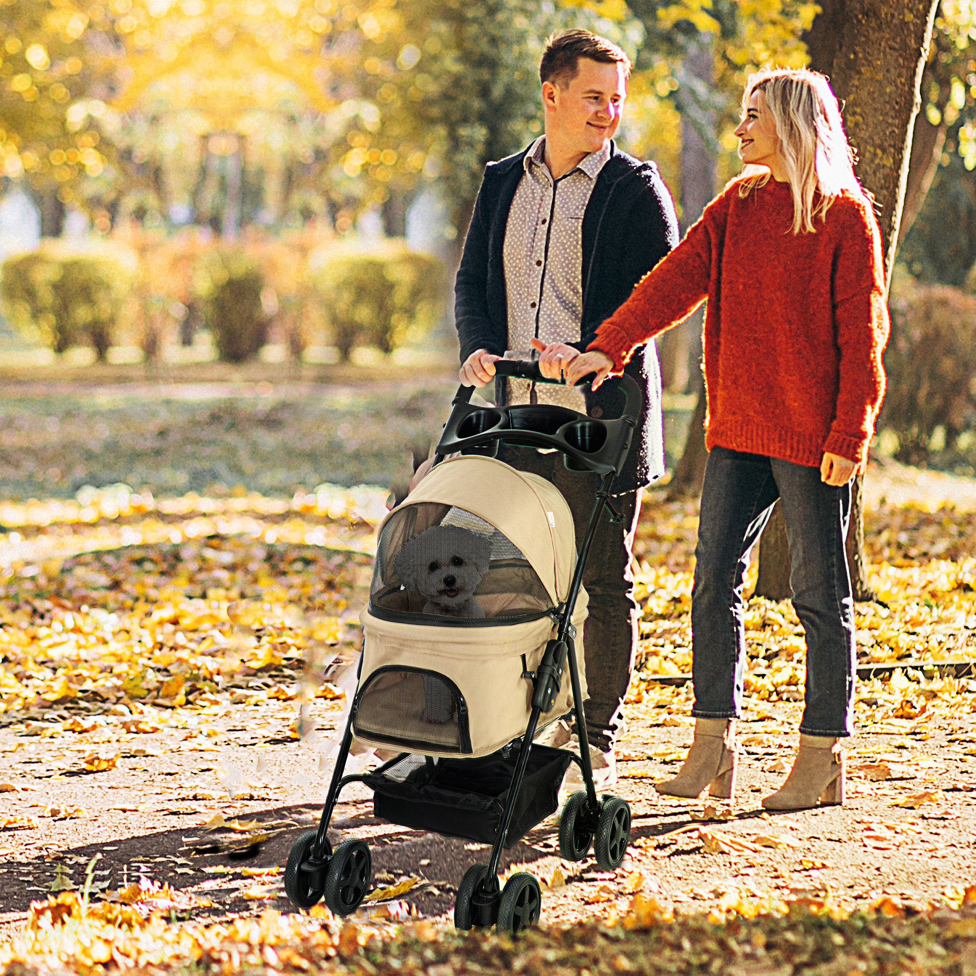 Hundewagen Hundebuggy, klappbar, 2 Sicherheitsleinen, 2 Becherhalter,  67 x 45 x 96 cm, Khaki
