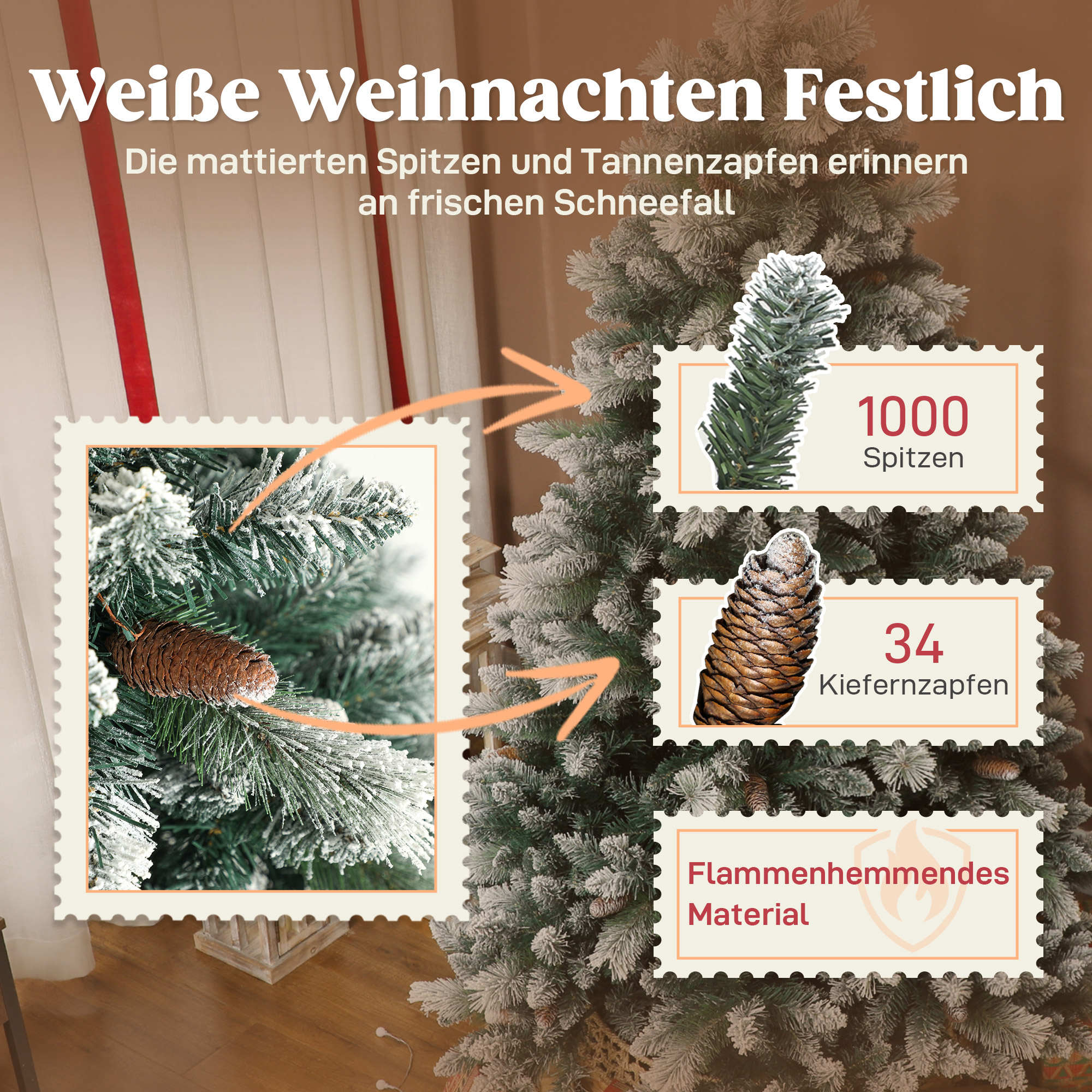 Künstlicher Weihnachtsbaum 180 cm künstlich Tannenbaum mit Schnee, 1000 Spitzen 34 Tannenzapfen Breite Basis