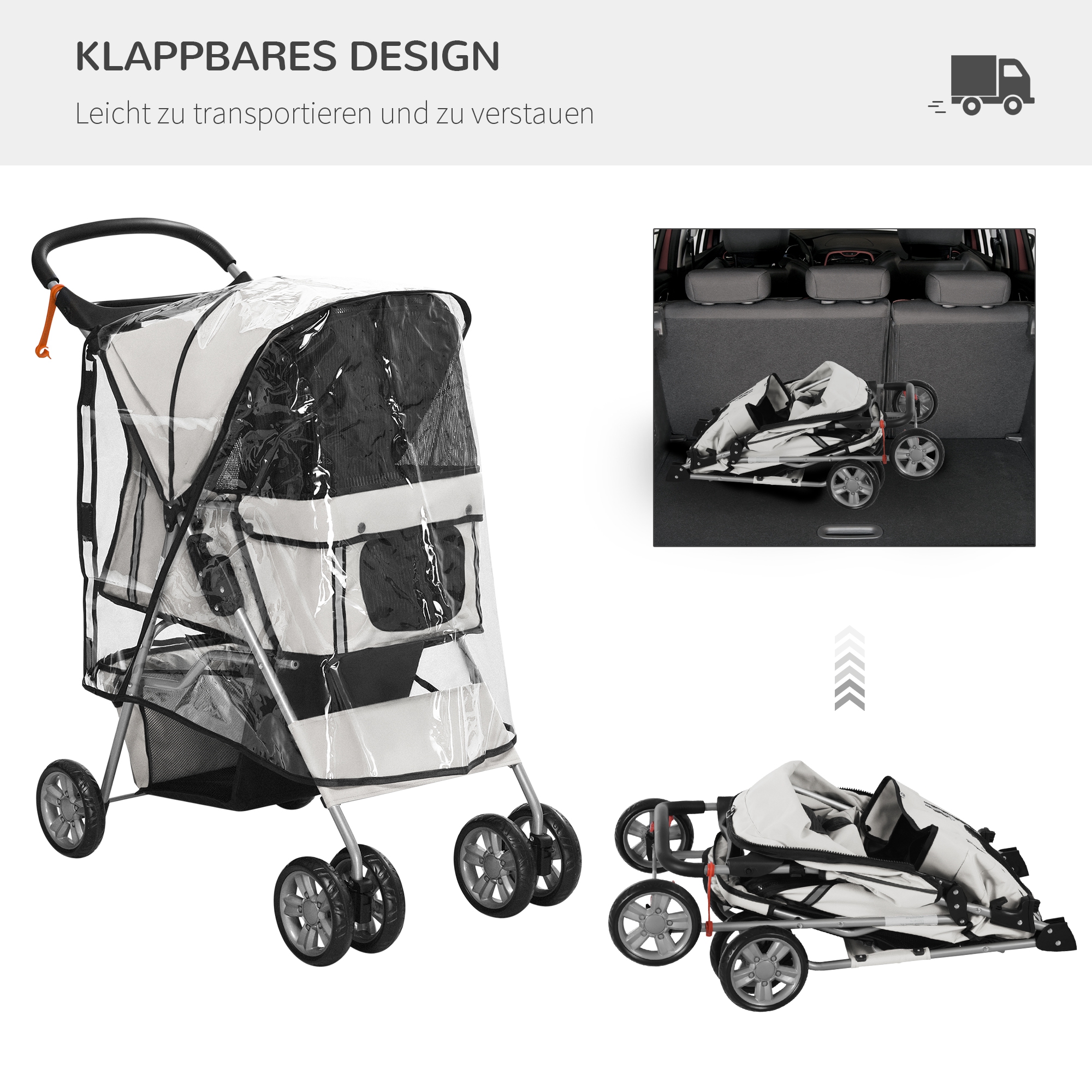 Hundebuggy Hundewagen bis 10 kg Klappbar Regenschutz Bodenkorb 2 Becherhalter 75 cm x 45 cm x 97 cm Grau