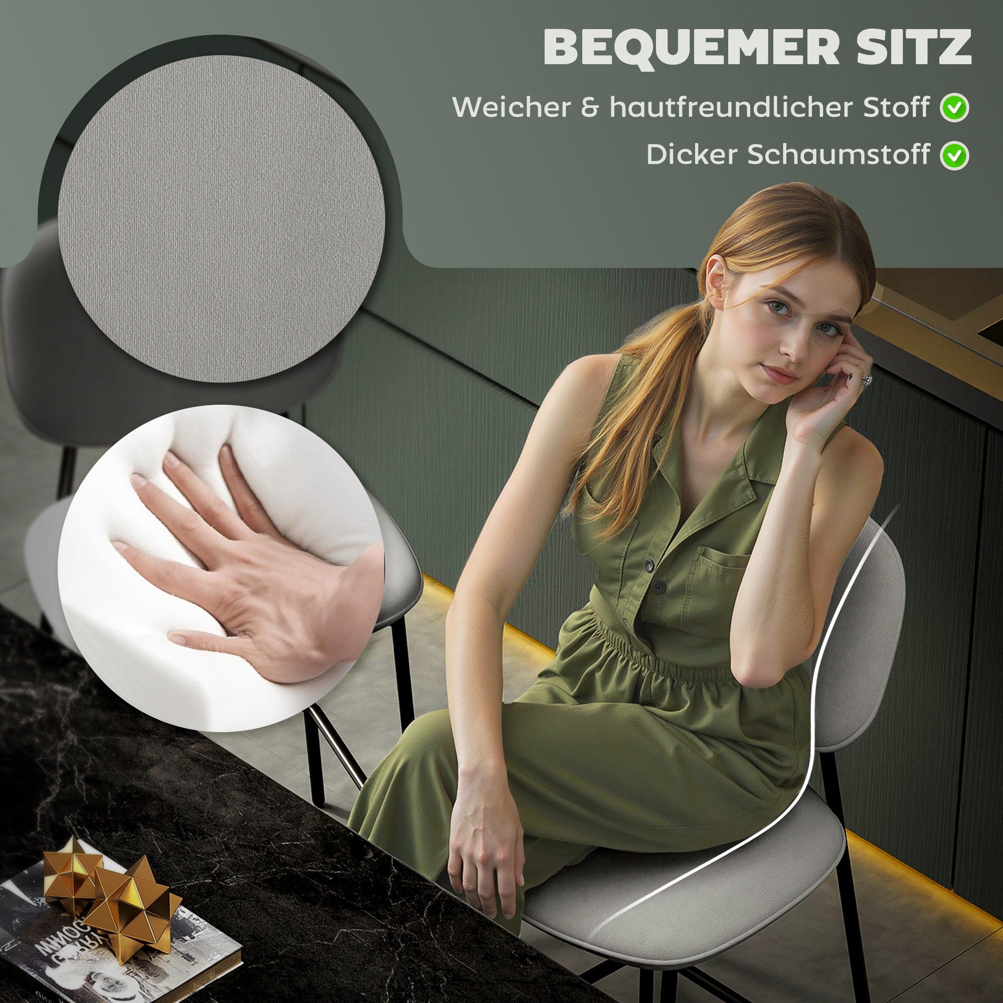 2er-Set Barhocker, Bistrohocker mit Fußstütze, Samt-Bezug, Stahlbeinen, für Esszimmer, 45 x 49 x 102 cm, Hellgrau