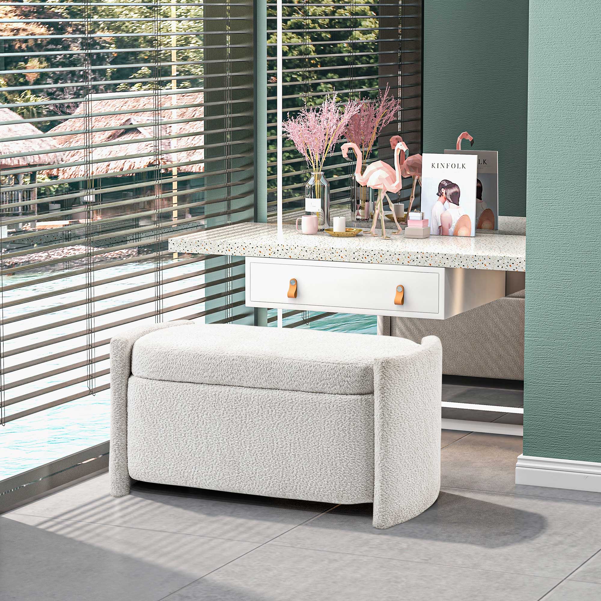 Sitzbank mit Stauraum Flurbank Schuhbank, gepolstert,  105 cm x 44 cm x 45,5 cm, Creme/Beige